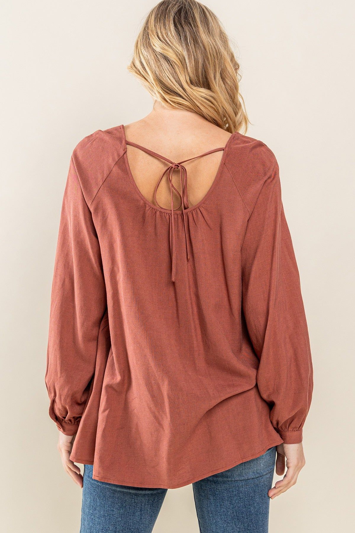 Rust Round Neck Back Tie Flare Blouse sold by Pinkblush product image thumbnail 4