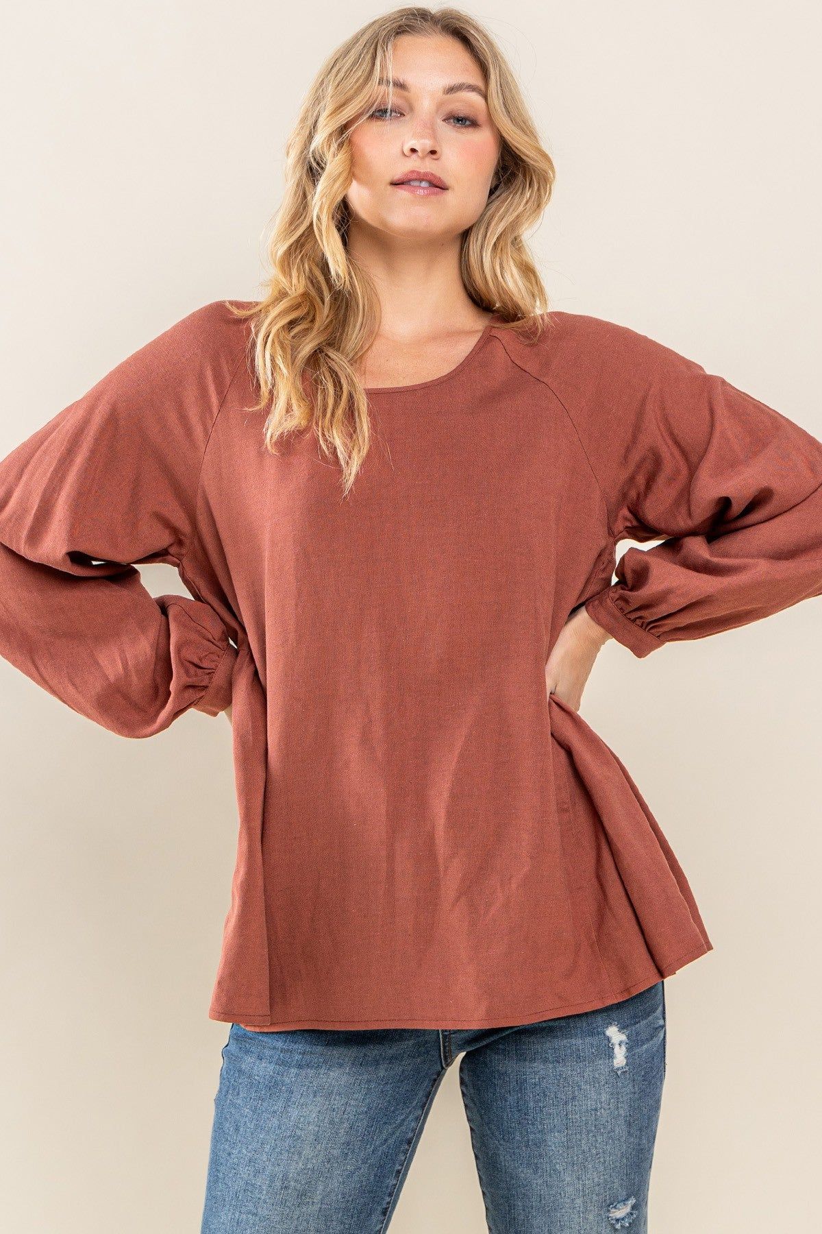 Rust Round Neck Back Tie Flare Blouse sold by Pinkblush product image thumbnail 2