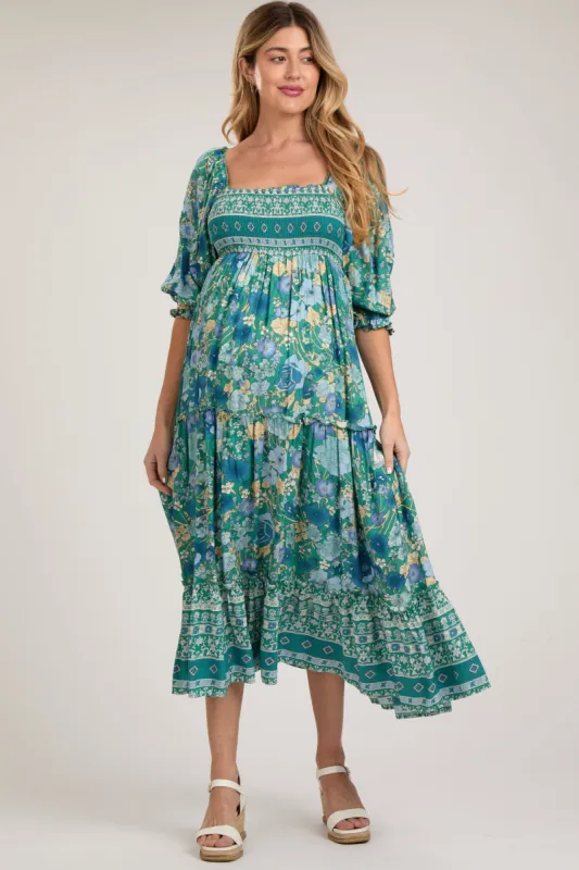 Teal Floral Smocked Half-Length Sleeves Maternity Midi Dress sold by Pinkblush