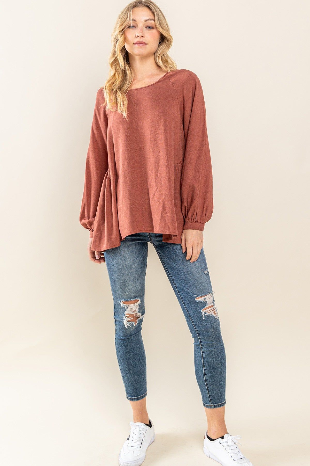 Rust Round Neck Back Tie Flare Blouse sold by Pinkblush product image thumbnail 5