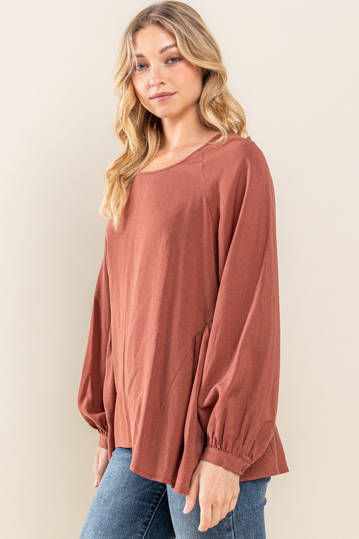 Rust Round Neck Back Tie Flare Blouse sold by Pinkblush product image thumbnail 3