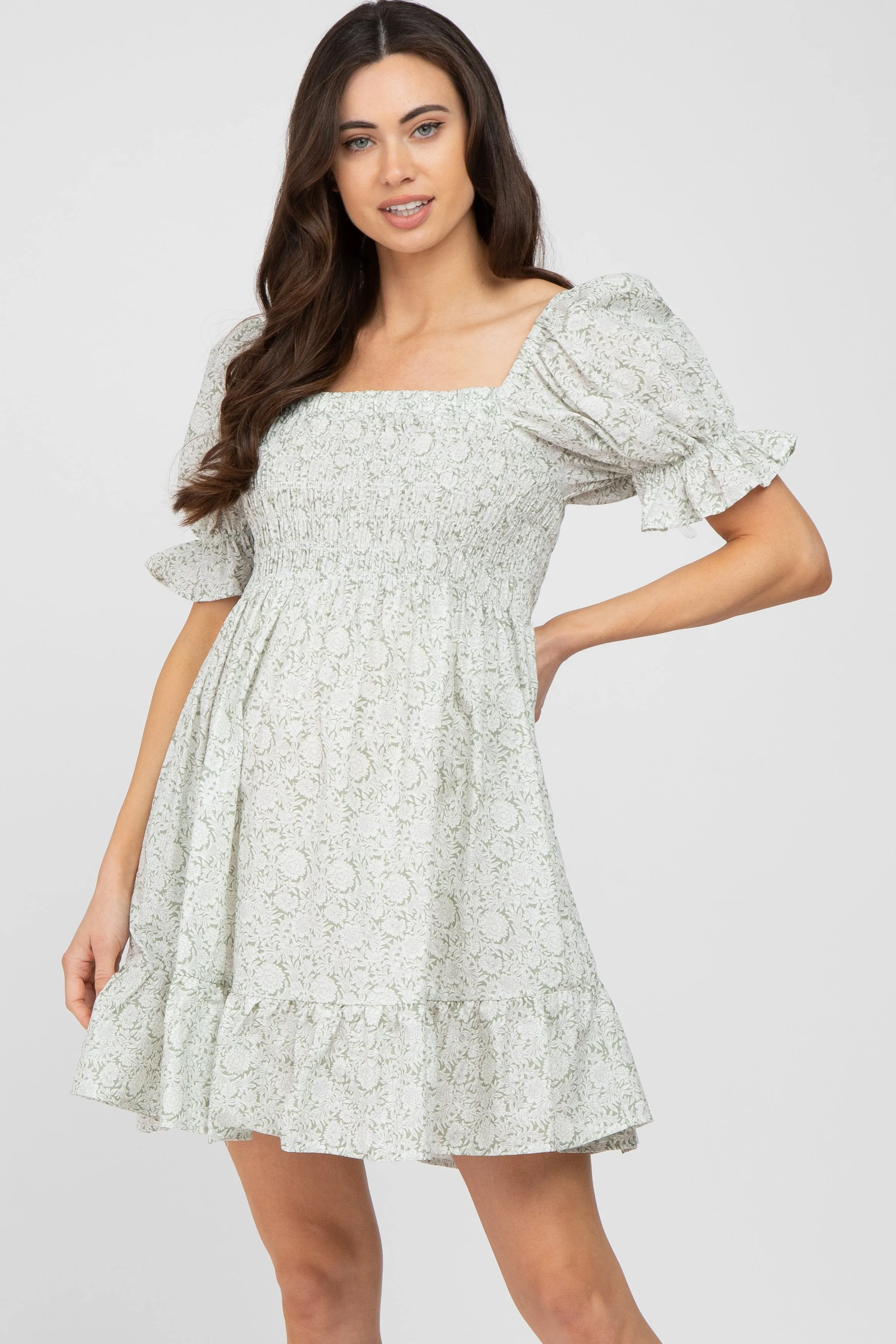 Light Olive Floral Square Neck Smocked Ruffle Hem Maternity Dress sold by Pinkblush