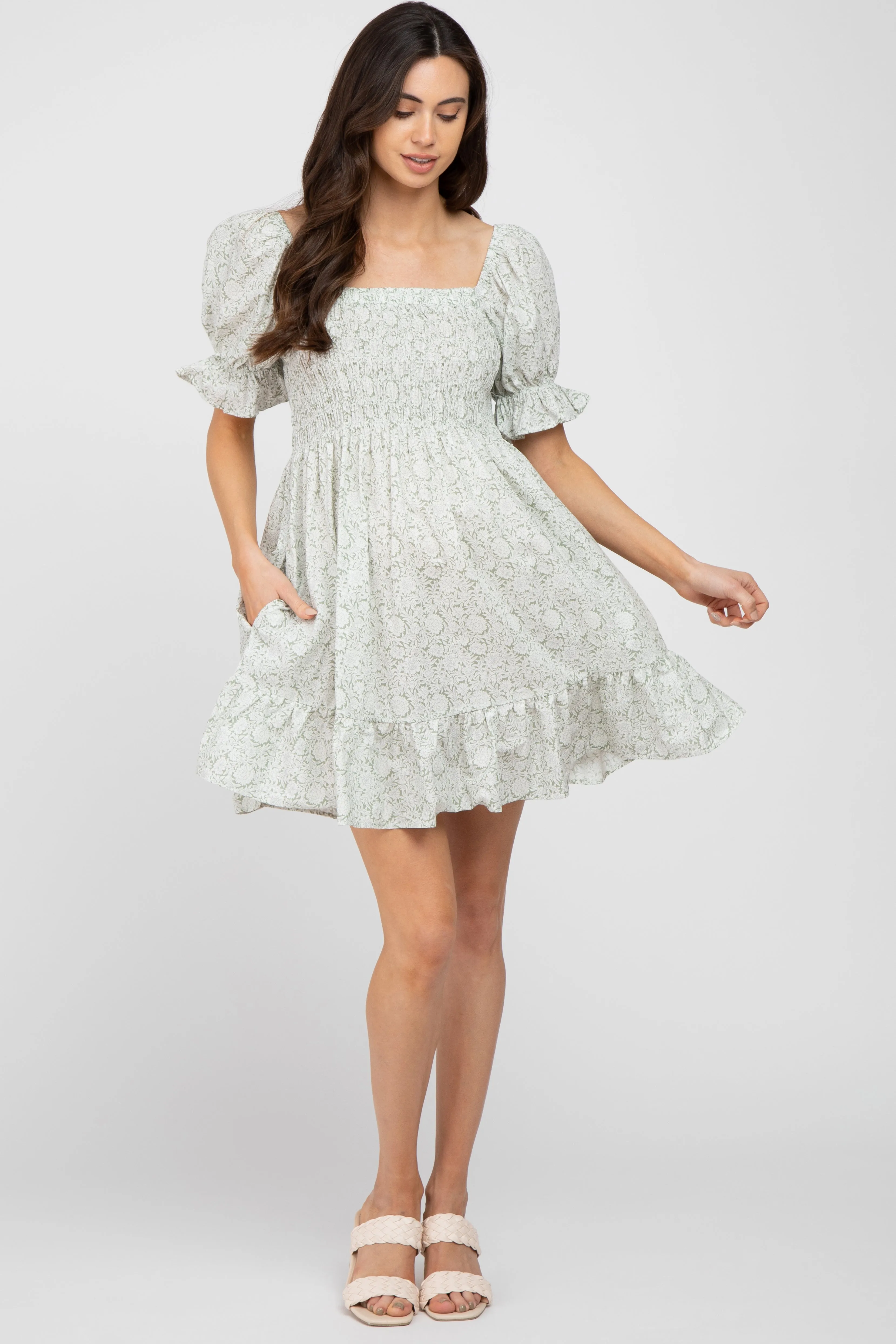 Light Olive Floral Square Neck Smocked Ruffle Hem Maternity Dress sold by Pinkblush product image thumbnail 5