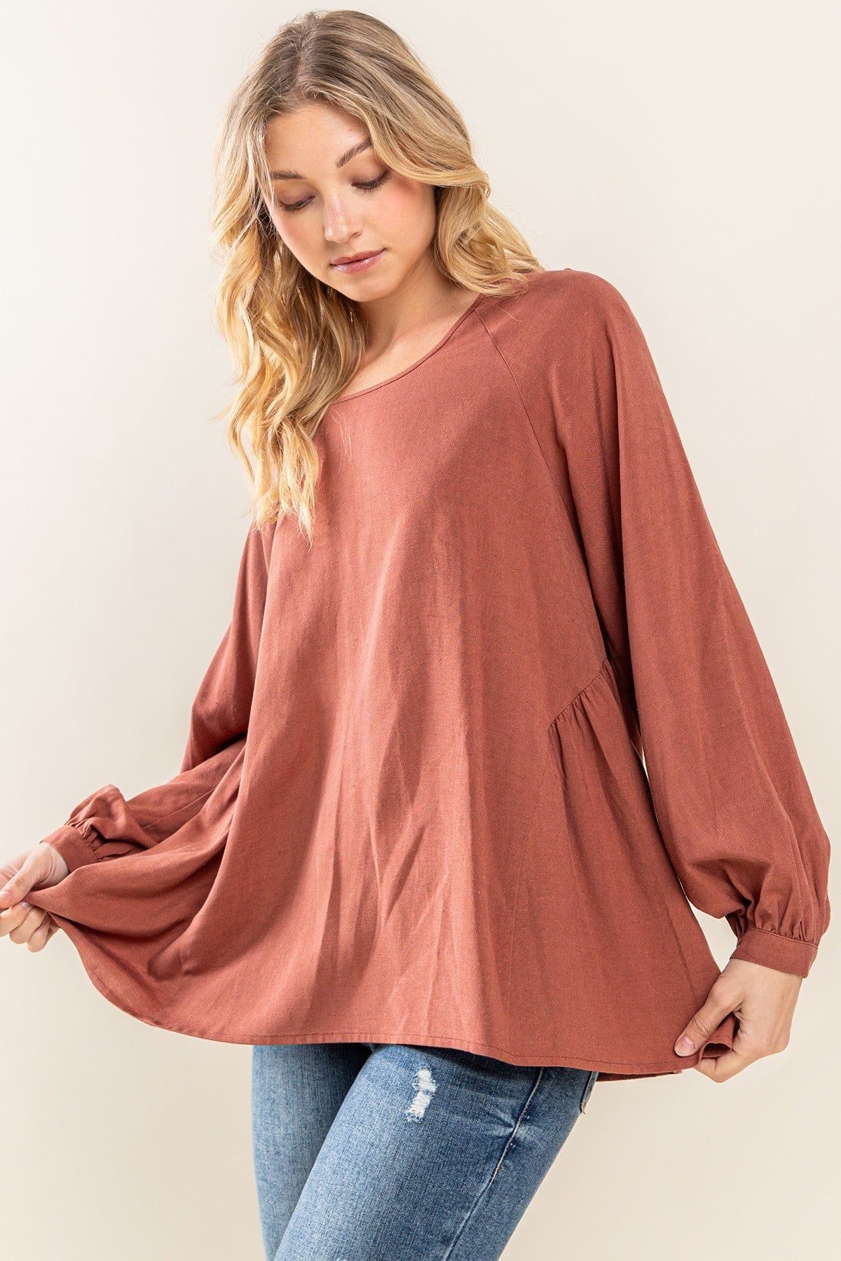 Rust Round Neck Back Tie Flare Blouse sold by Pinkblush