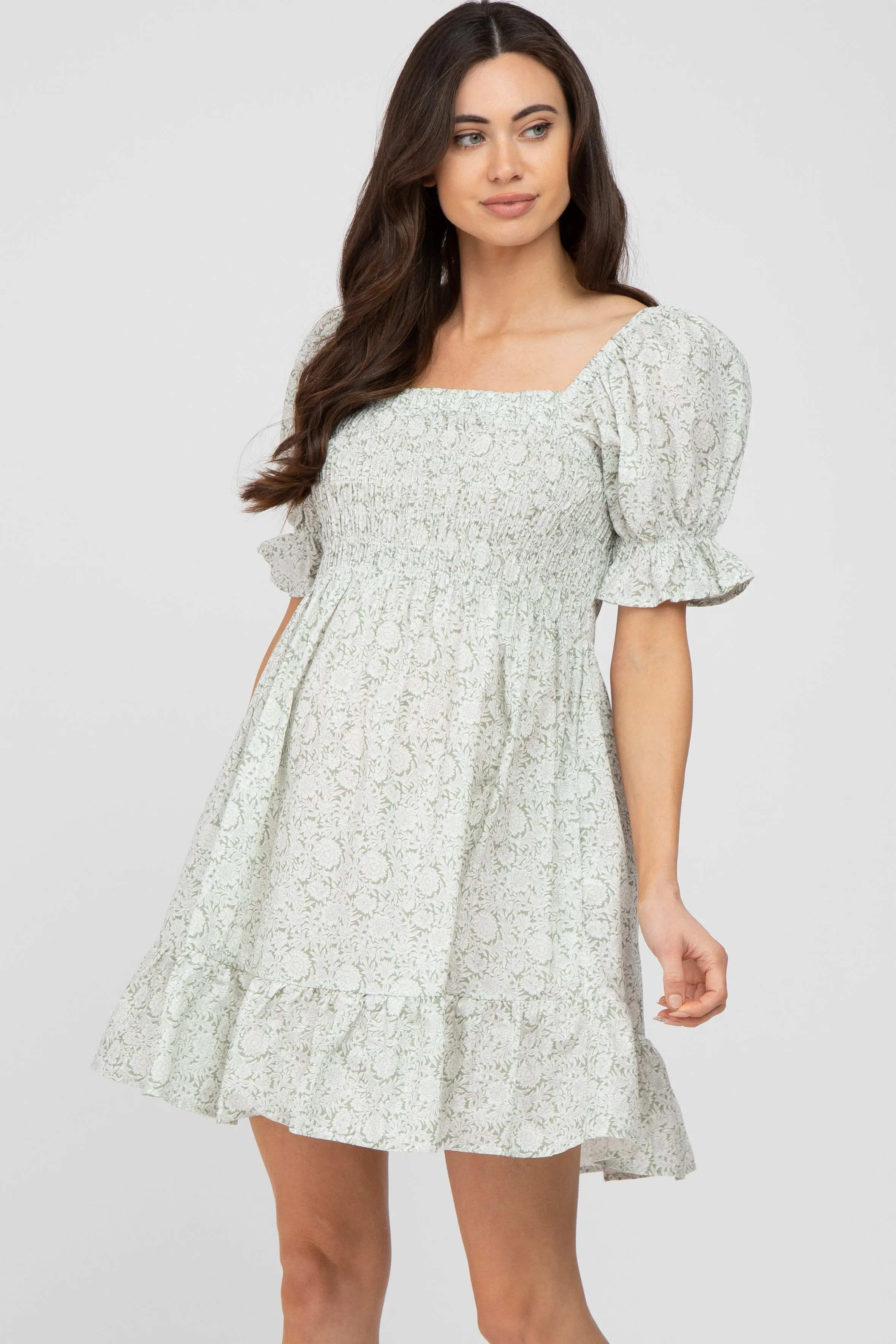Light Olive Floral Square Neck Smocked Ruffle Hem Maternity Dress sold by Pinkblush product image thumbnail 2
