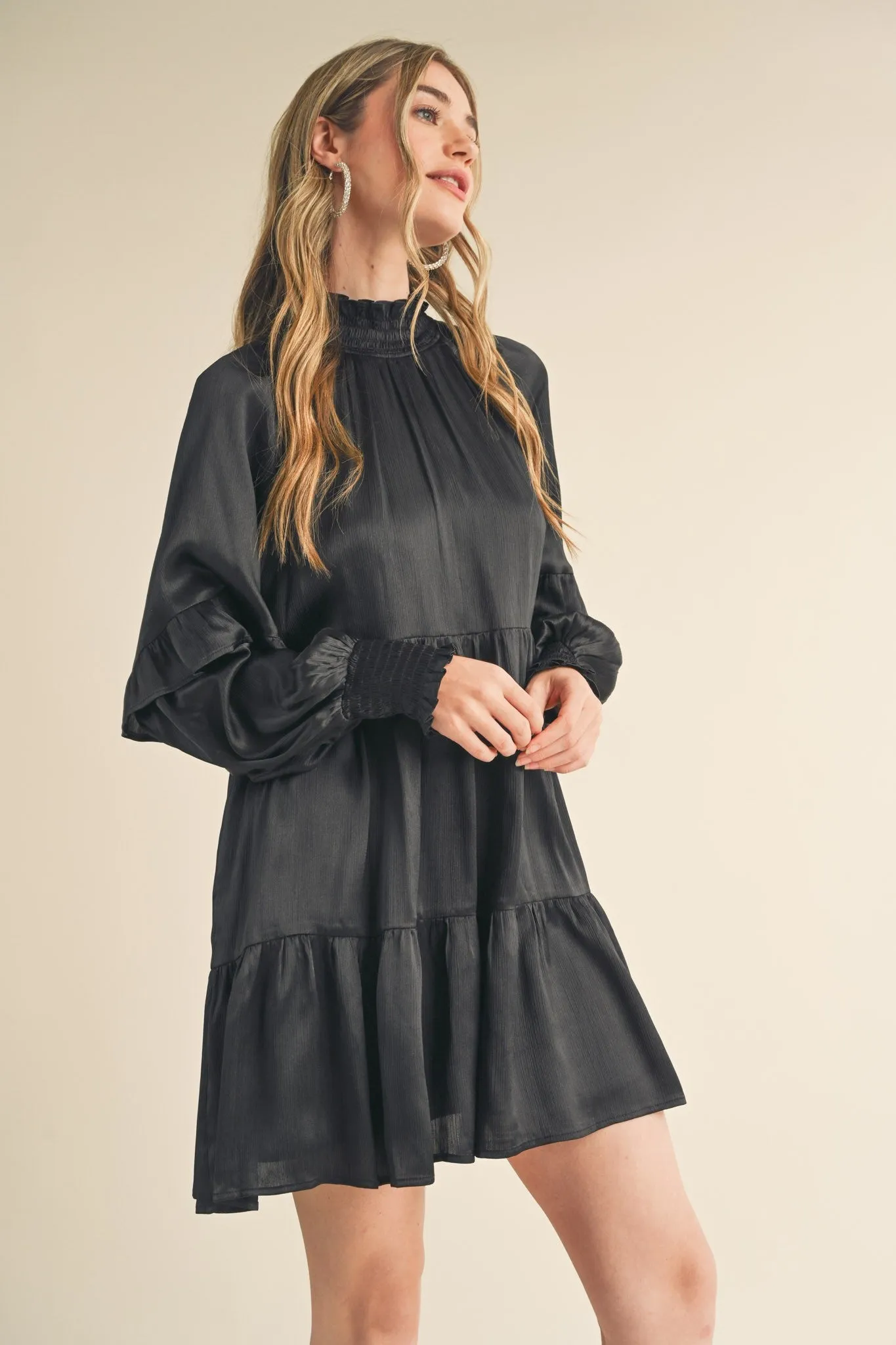 Black Mock Neck Tiered Mini Dress sold by Pinkblush product image thumbnail 2