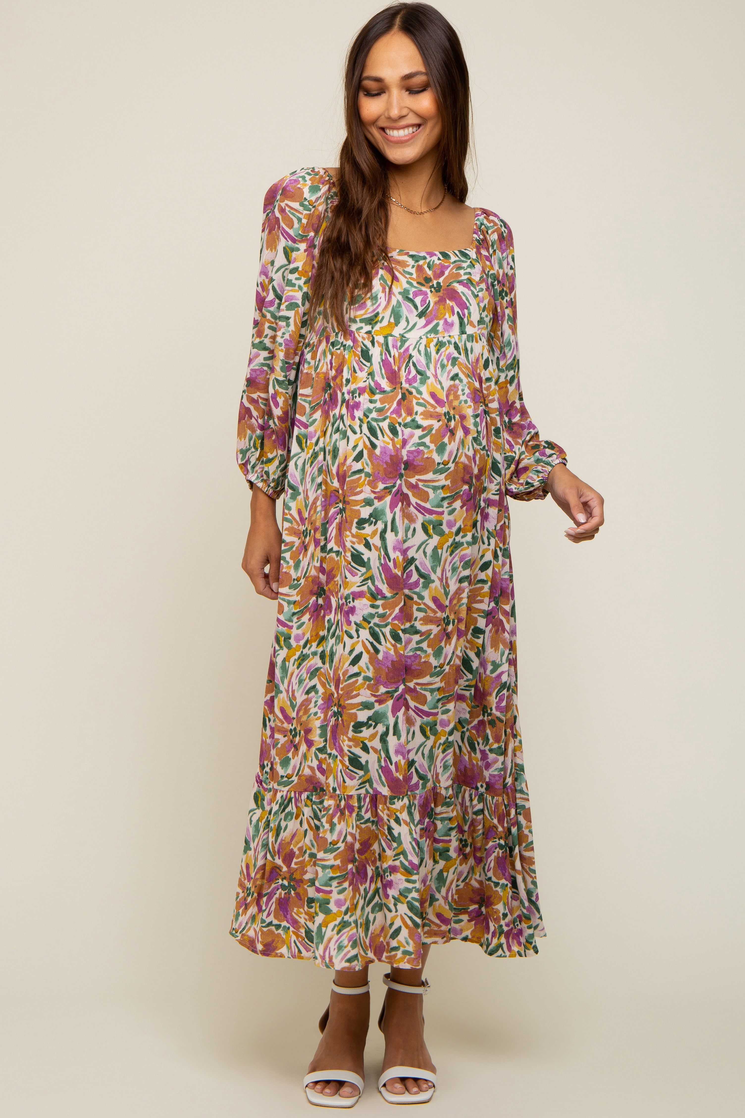 Multicolor Floral Watercolor Print Maternity Midi Dress sold by Pinkblush