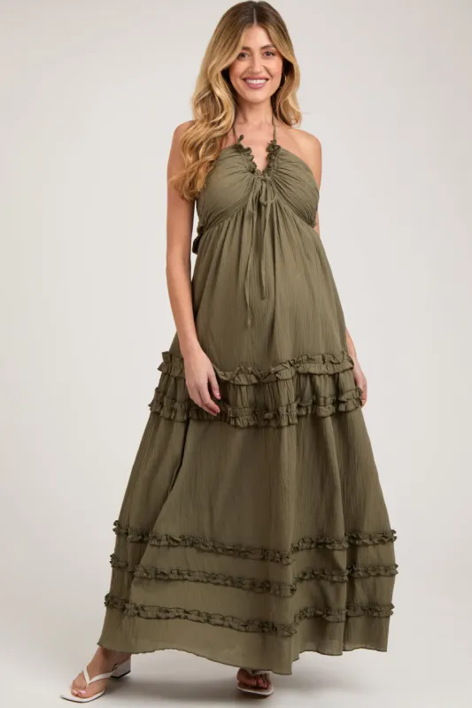 Olive Ruffle Ruched Deep V-Neck Maternity Maxi Dress sold by Pinkblush