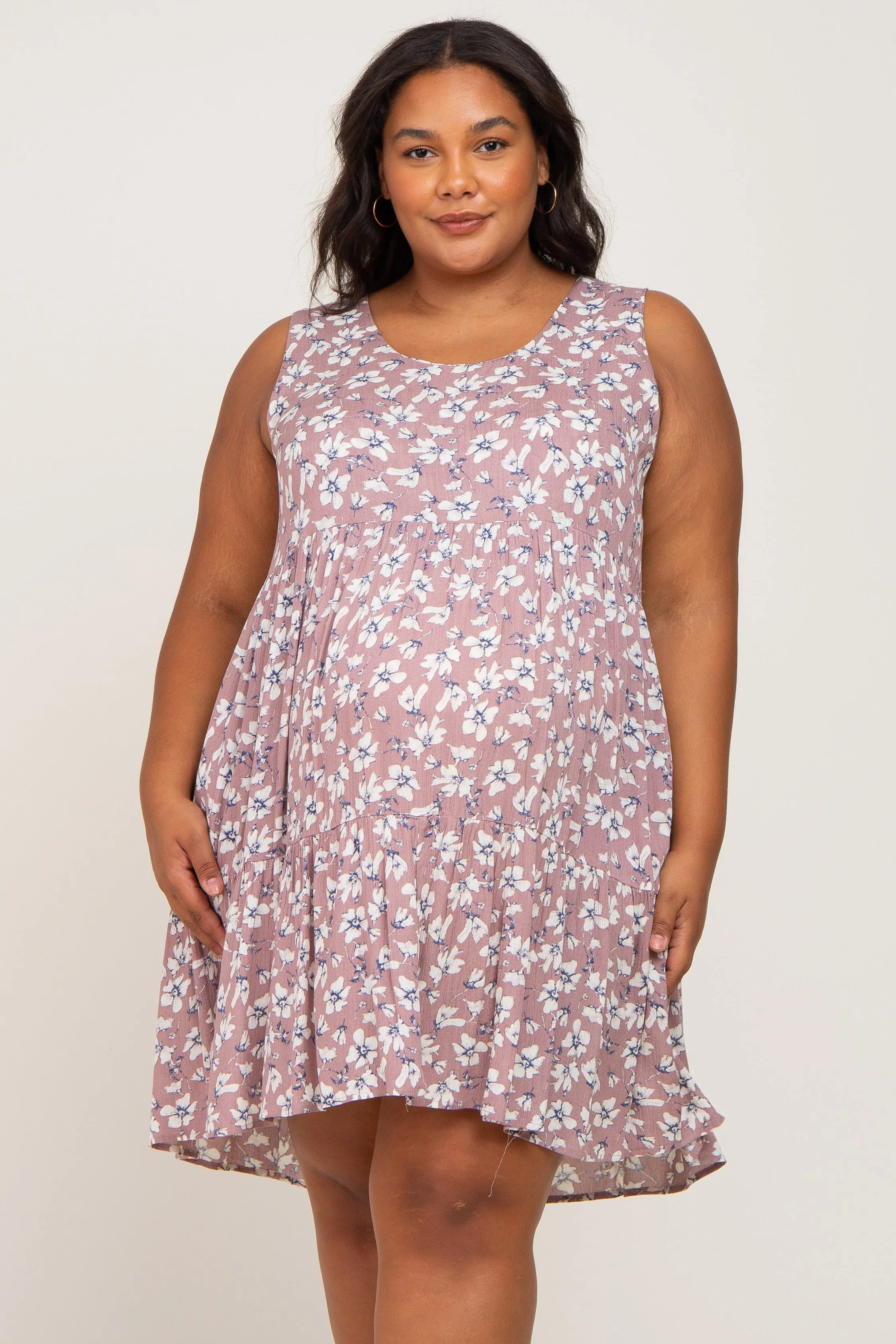 Mauve Floral Sleeveless Tiered Maternity Plus Dress sold by Pinkblush product image thumbnail 2
