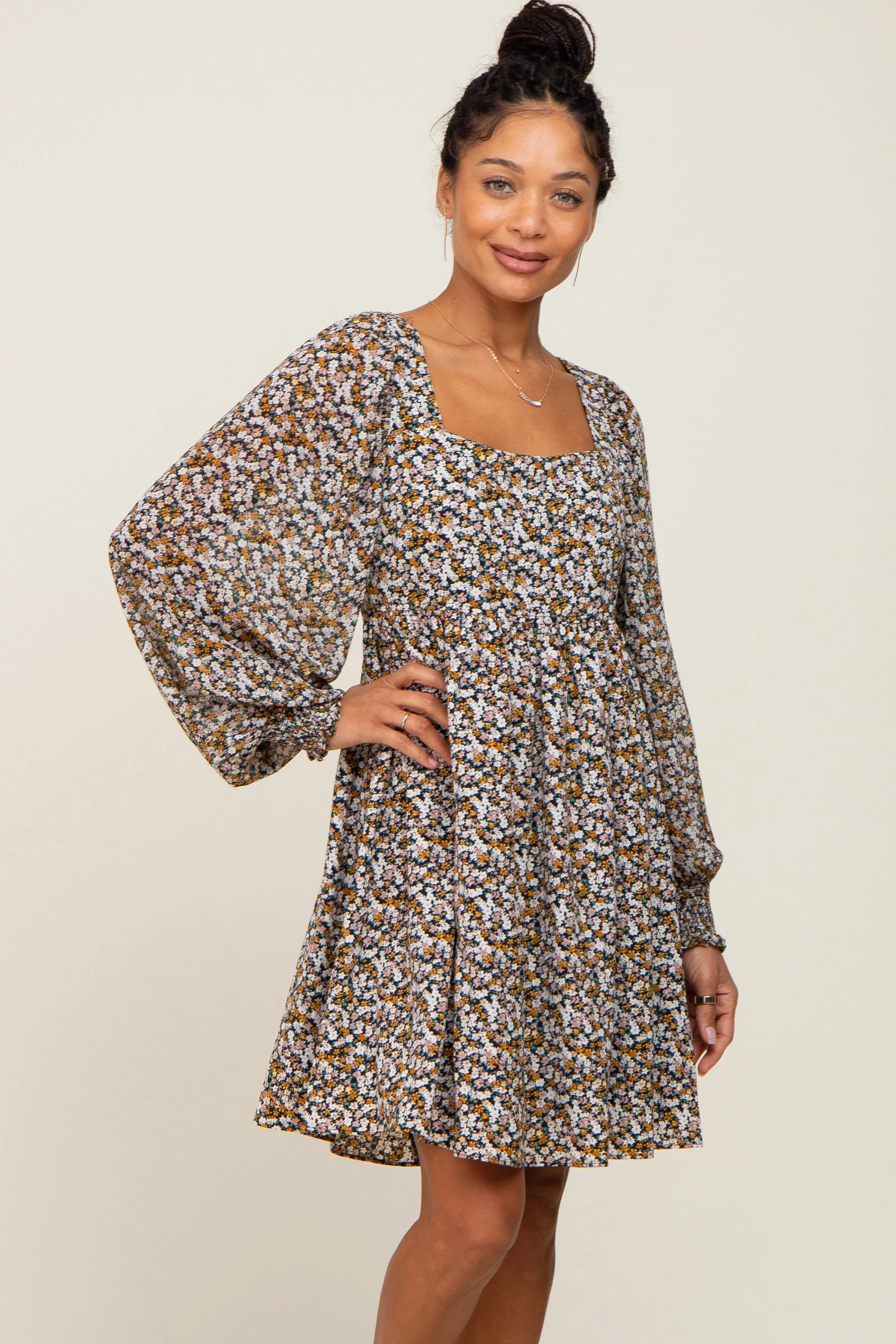 Black Floral Chiffon Balloon Sleeve Dress sold by Pinkblush