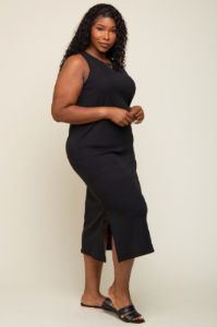 Black Basic Ribbed Side Slit Plus Midi Dress sold by Pinkblush
