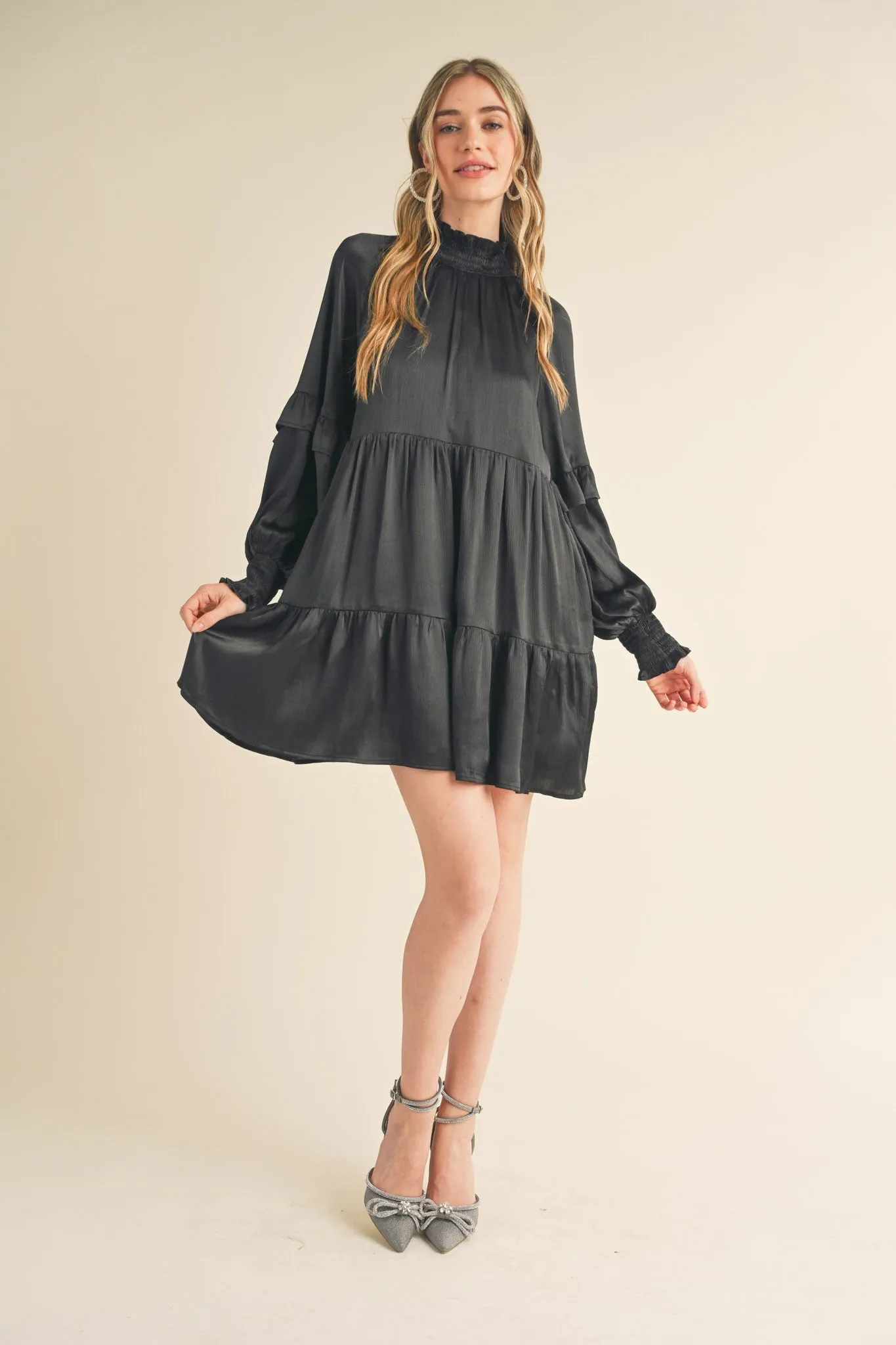 Black Mock Neck Tiered Mini Dress sold by Pinkblush product image thumbnail 3