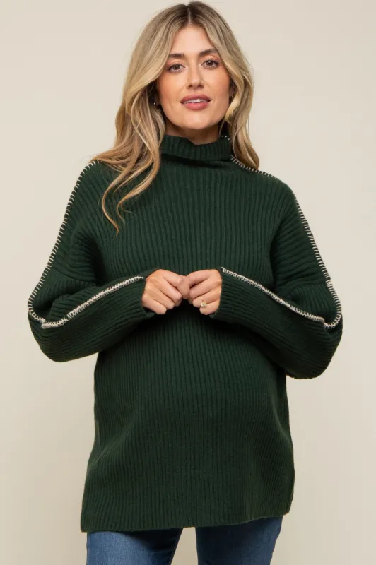 Forest Green Contrast Stitch Turtleneck Maternity Sweater sold by Pinkblush