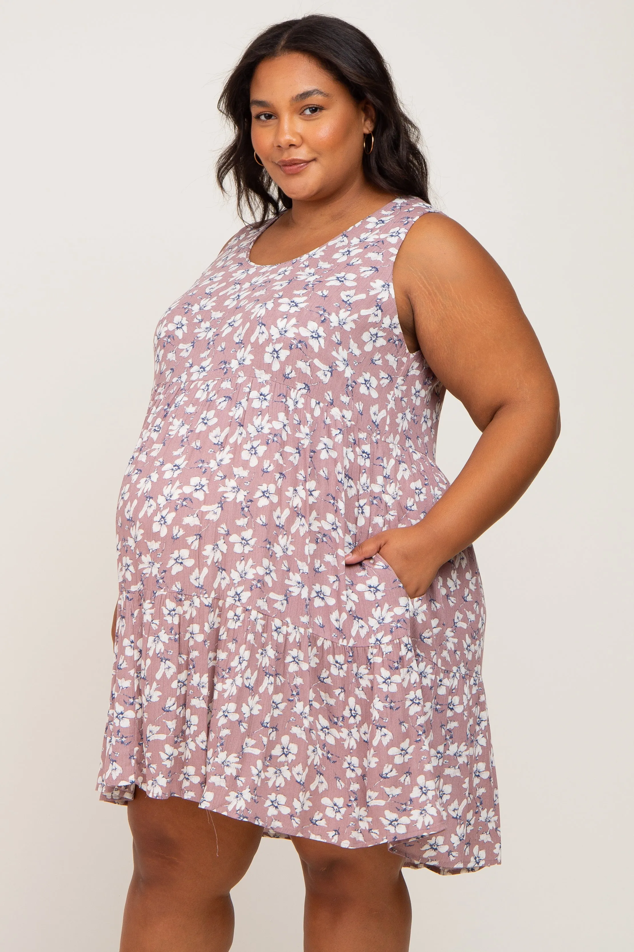 Mauve Floral Sleeveless Tiered Maternity Plus Dress sold by Pinkblush product image thumbnail 3