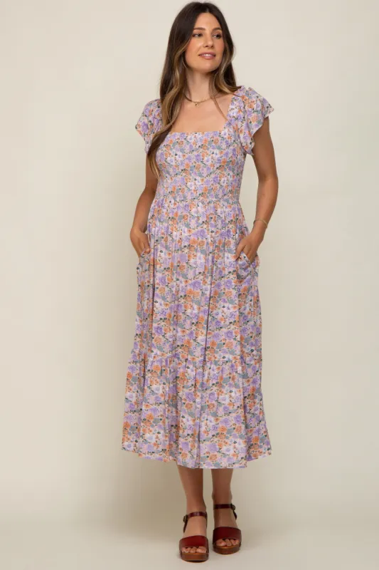 Light Pink Floral Off Shoulder Smocked Maternity Midi Dress sold by Pinkblush