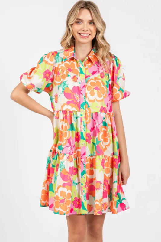 Fuchsia Floral Collared Button Up Tiered Dress sold by Pinkblush