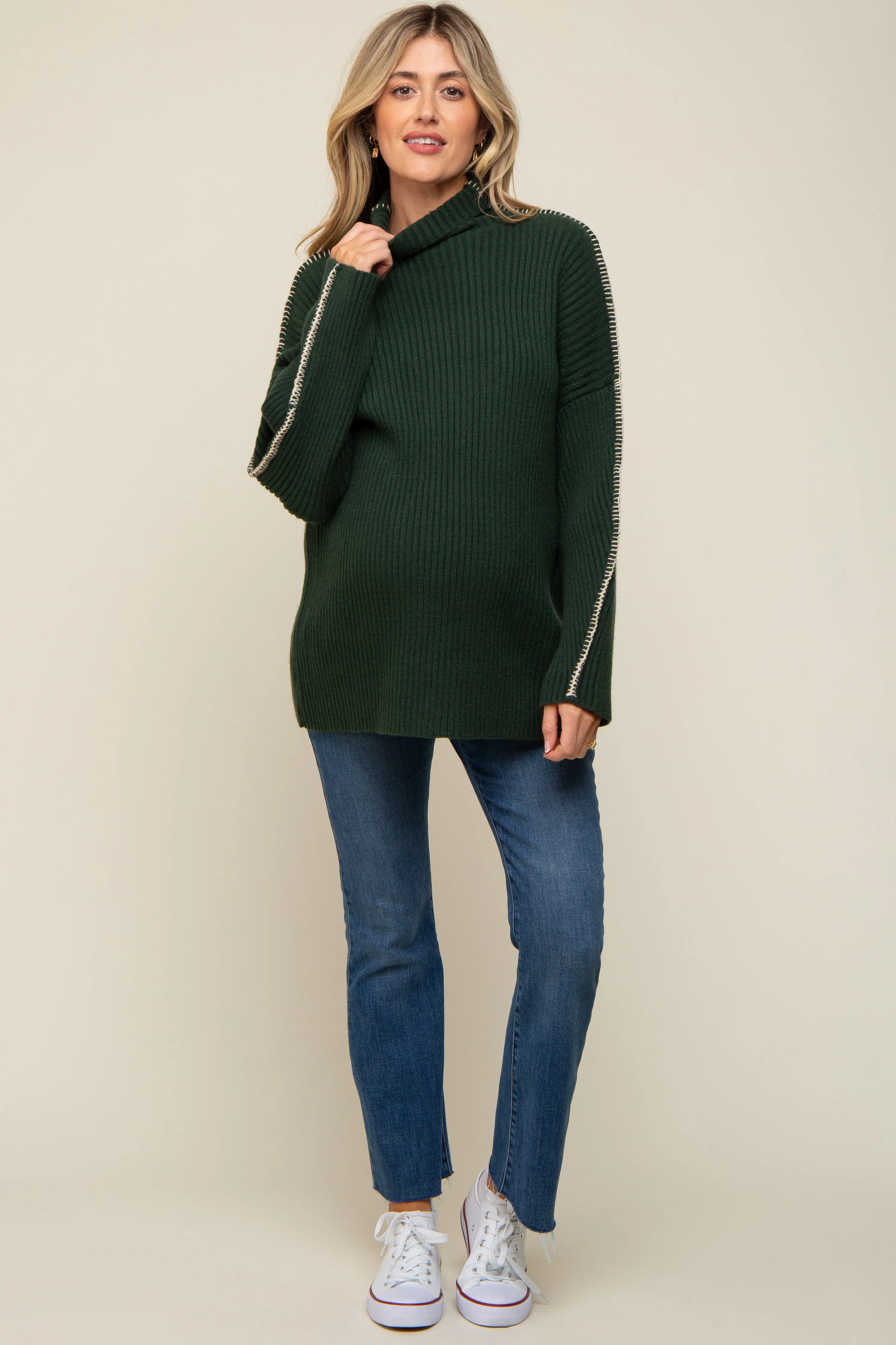 Forest Green Contrast Stitch Turtleneck Maternity Sweater sold by Pinkblush product image thumbnail 5