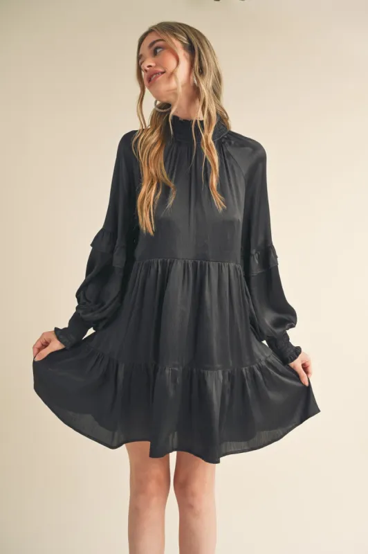 Black Mock Neck Tiered Mini Dress sold by Pinkblush
