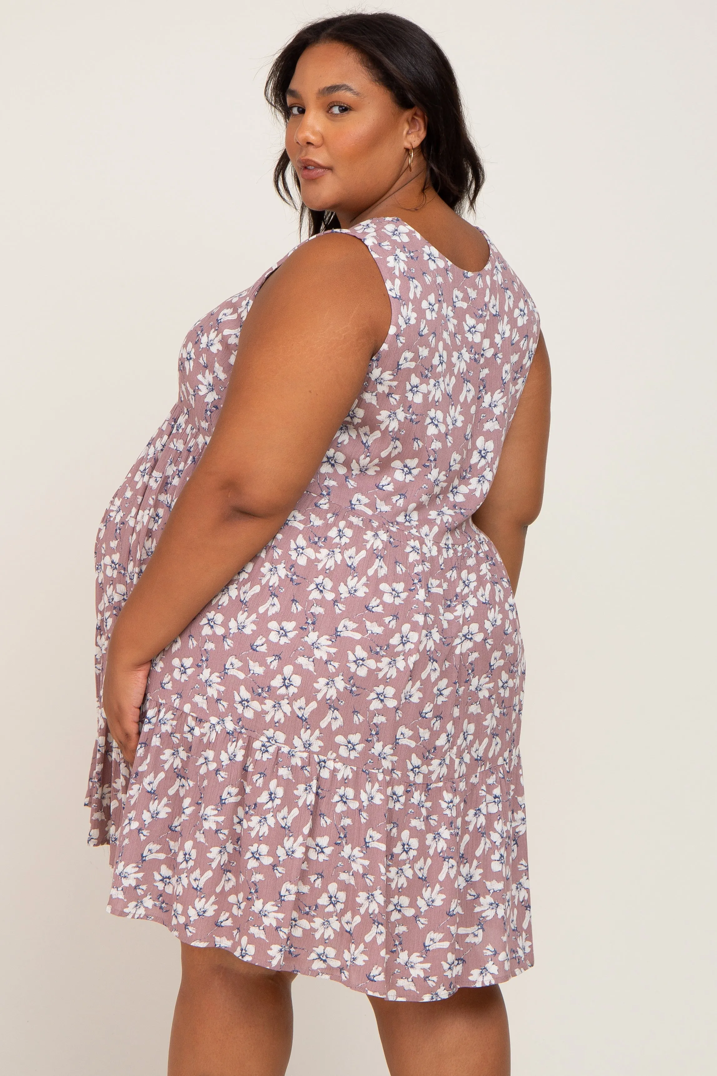 Mauve Floral Sleeveless Tiered Maternity Plus Dress sold by Pinkblush product image thumbnail 4