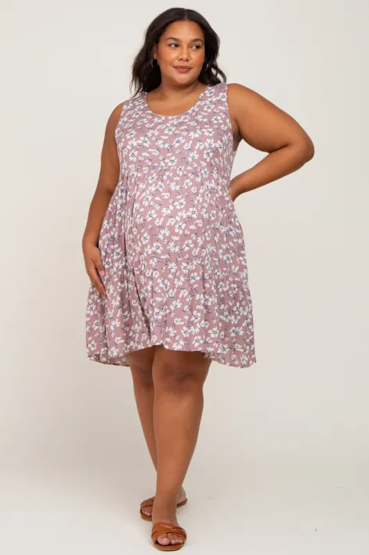 Mauve Floral Sleeveless Tiered Maternity Plus Dress sold by Pinkblush