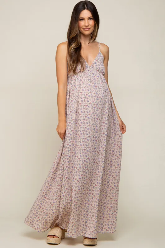 Taupe Floral Sleeveless Maternity Maxi Dress sold by Pinkblush
