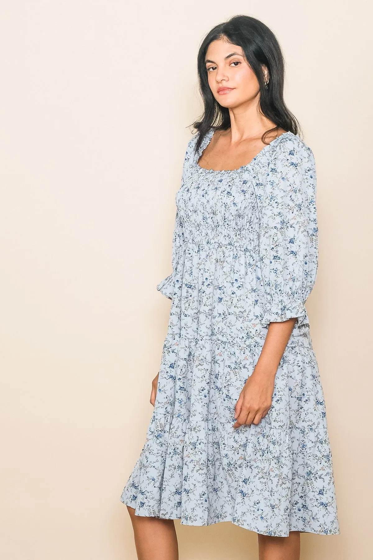 Light Blue Floral Smocked Knee Length Dress sold by Pinkblush product image thumbnail 2