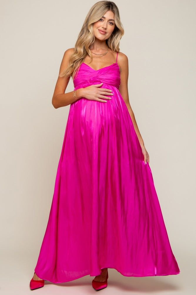 Fuchsia Sleeveless Front Twist Satin Maternity Maxi Dress sold by Pinkblush product image thumbnail 2