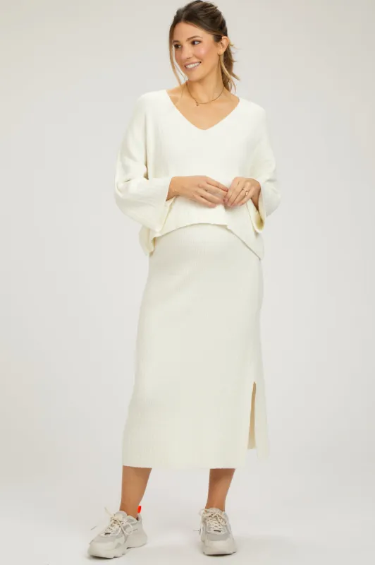 Cream V-Neck Knit Maternity Skirt Set made by Pinkblush
