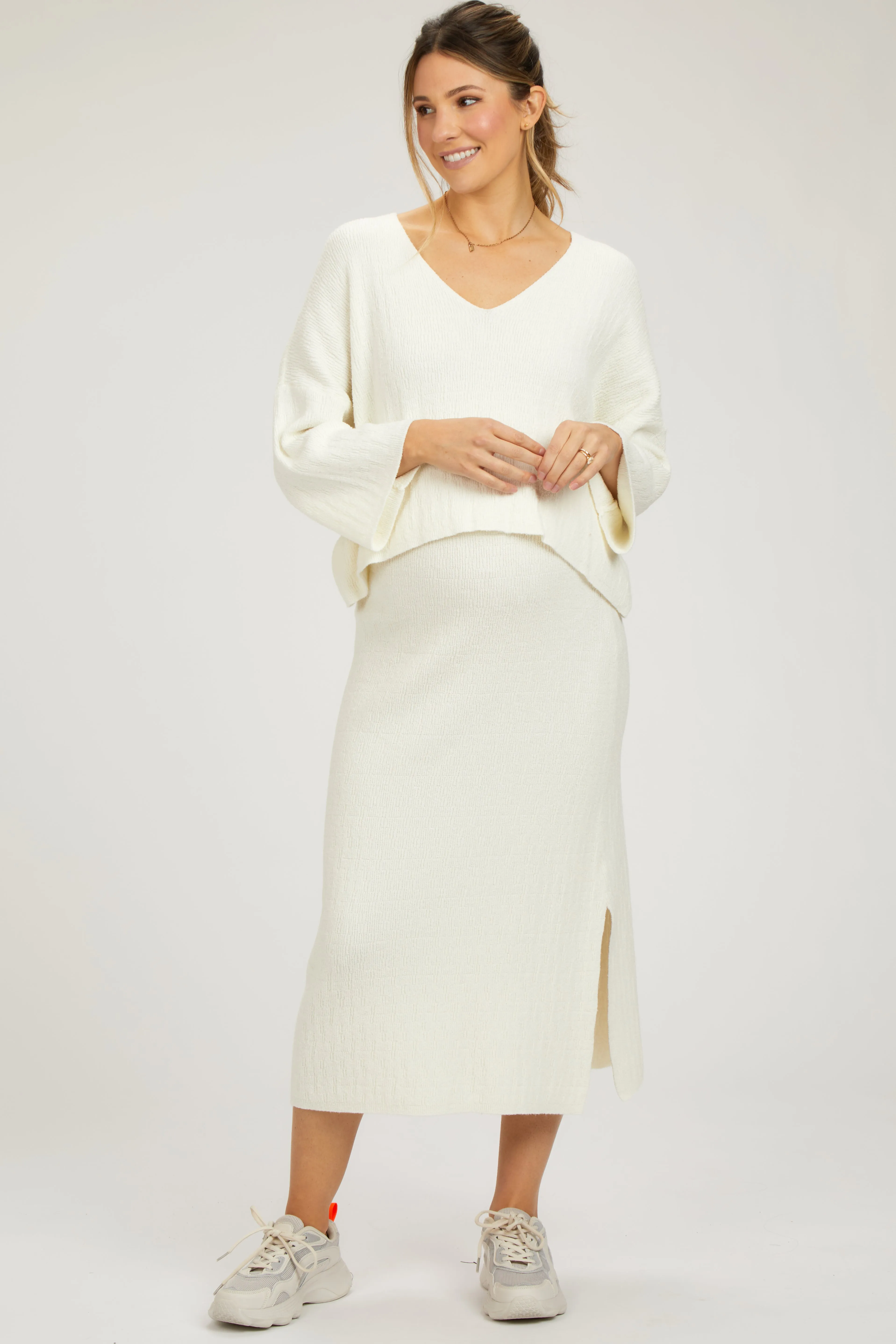 Cream V-Neck Knit Maternity Skirt Set sold by Pinkblush