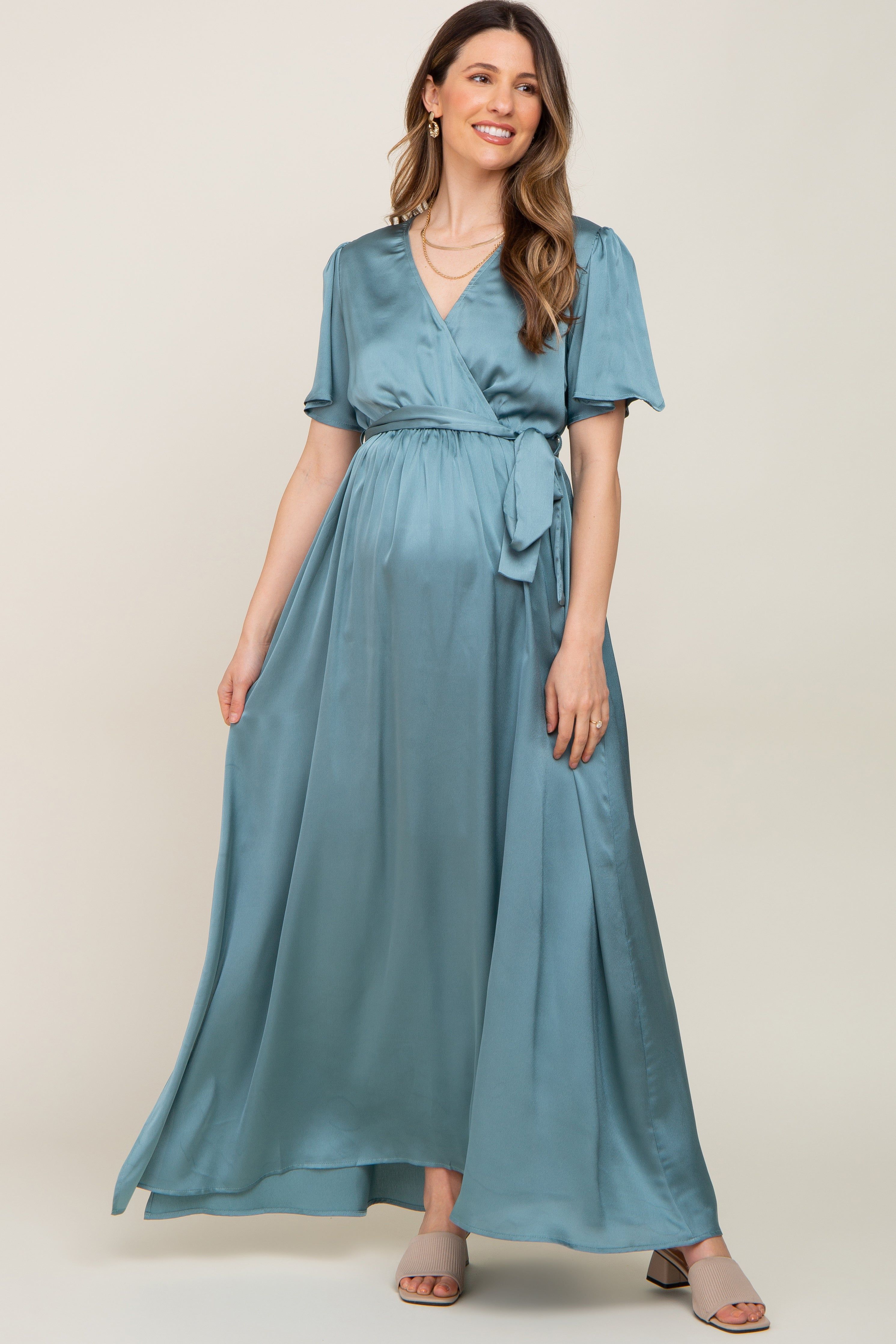 Teal Satin Wrap Front V-Neck Short Sleeve Side Slit Maternity Maxi Dress sold by Pinkblush product image thumbnail 4