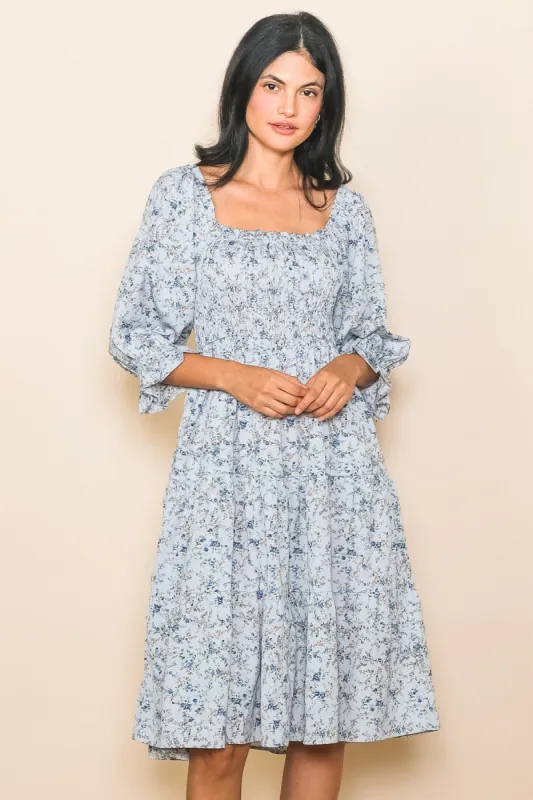 Light Blue Floral Smocked Knee Length Dress sold by Pinkblush
