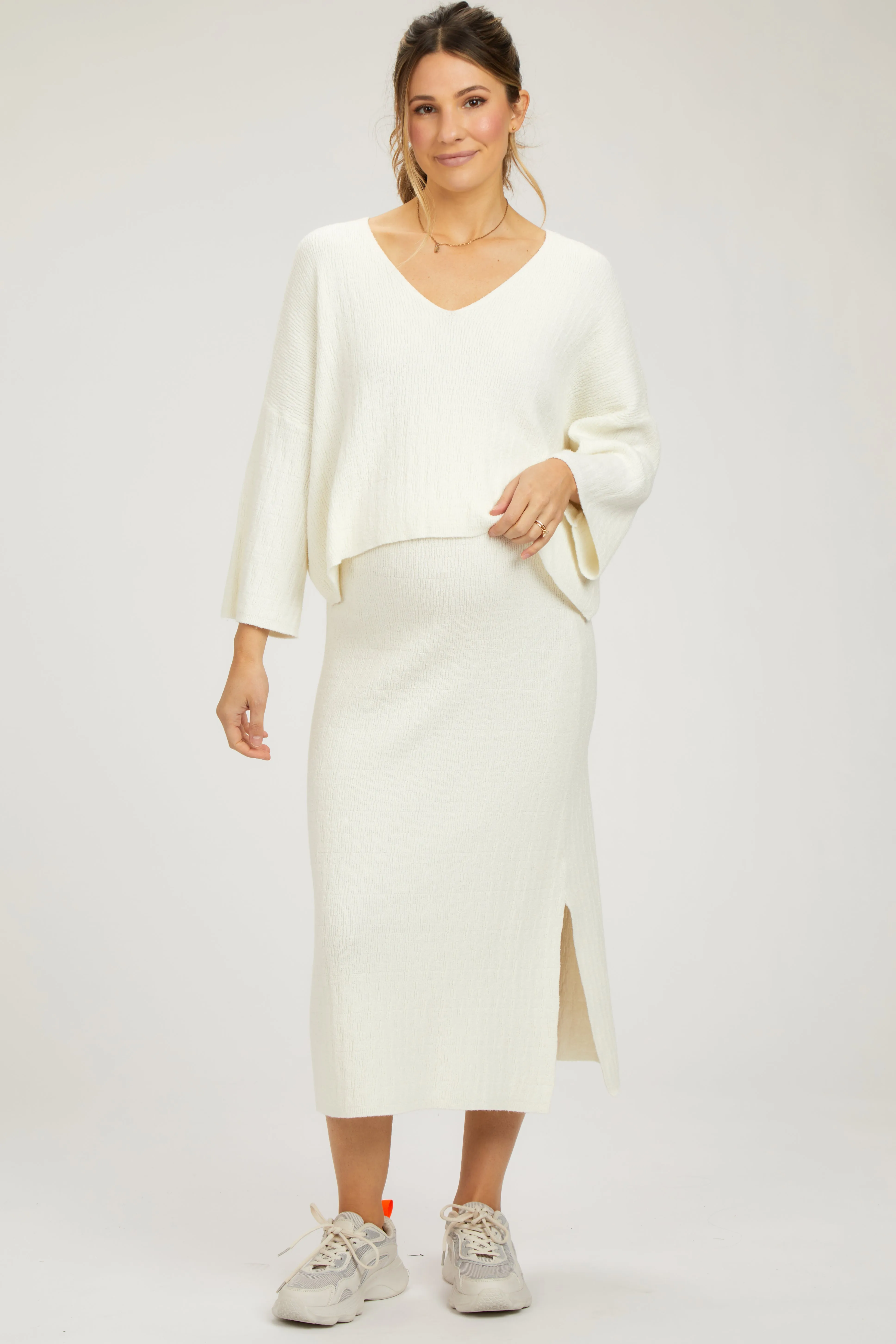 Cream V-Neck Knit Maternity Skirt Set sold by Pinkblush product image thumbnail 2