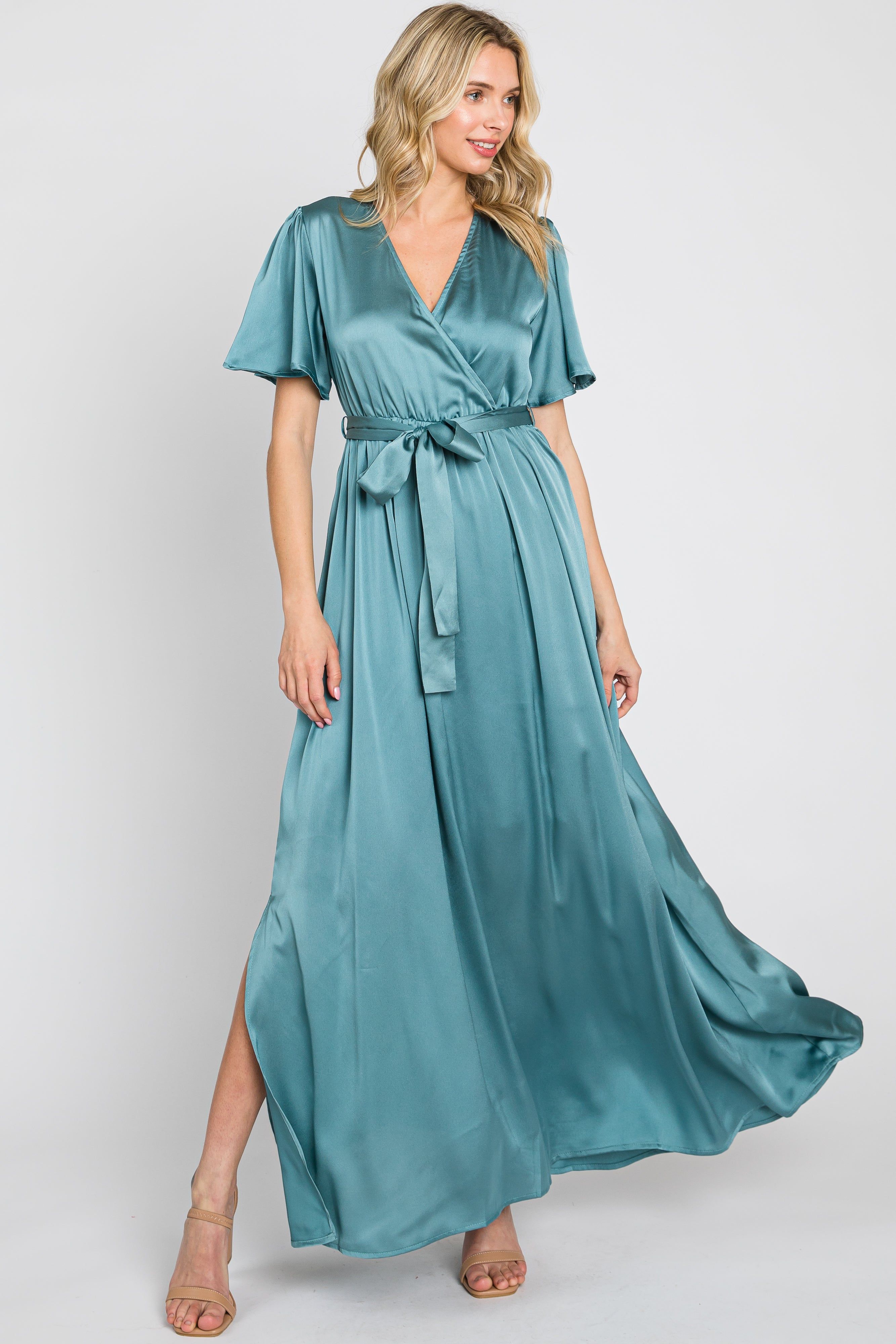 Teal Satin Wrap Front V-Neck Short Sleeve Side Slit Maternity Maxi Dress sold by Pinkblush product image thumbnail 5