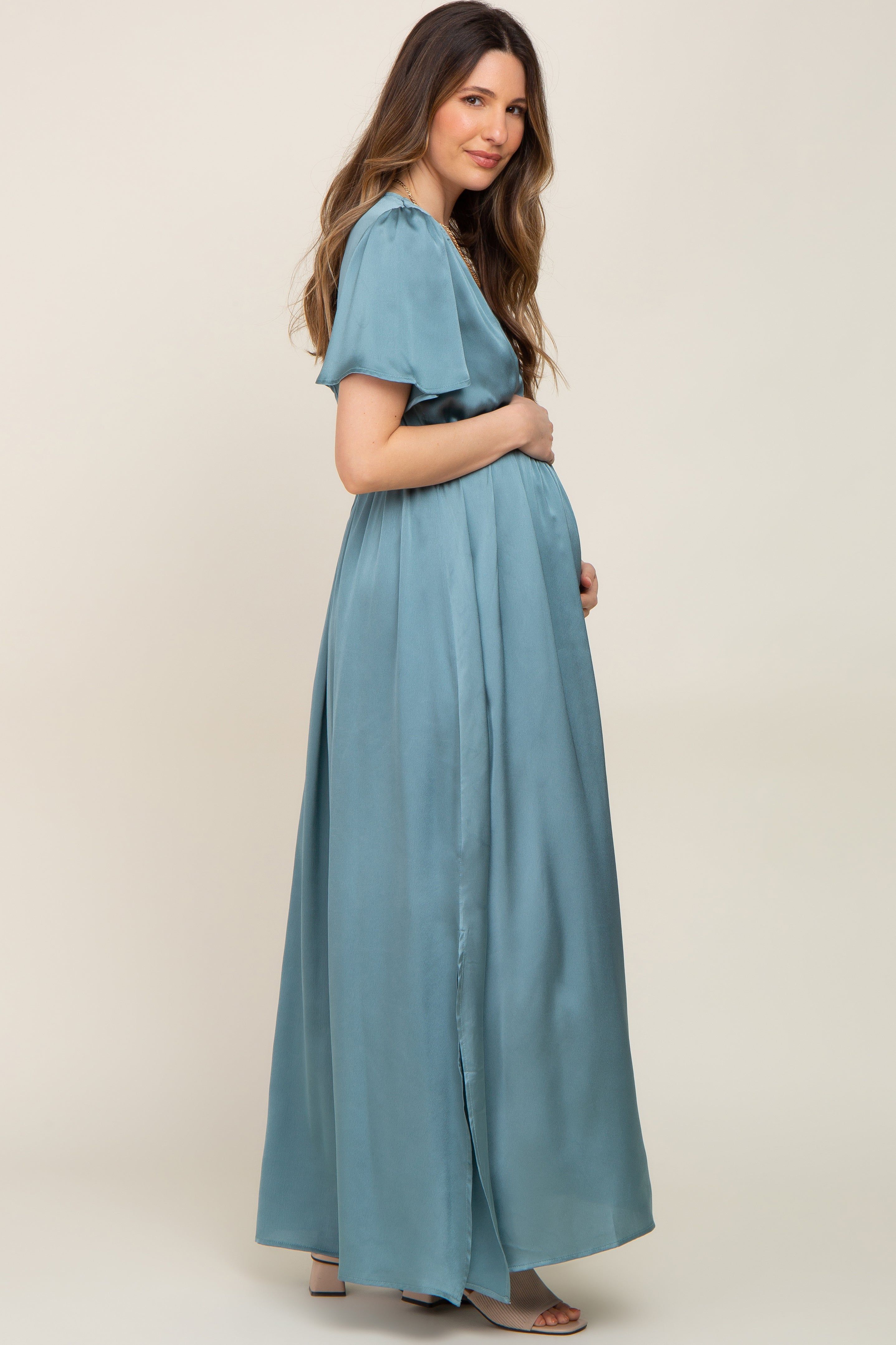 Teal Satin Wrap Front V-Neck Short Sleeve Side Slit Maternity Maxi Dress sold by Pinkblush product image thumbnail 2