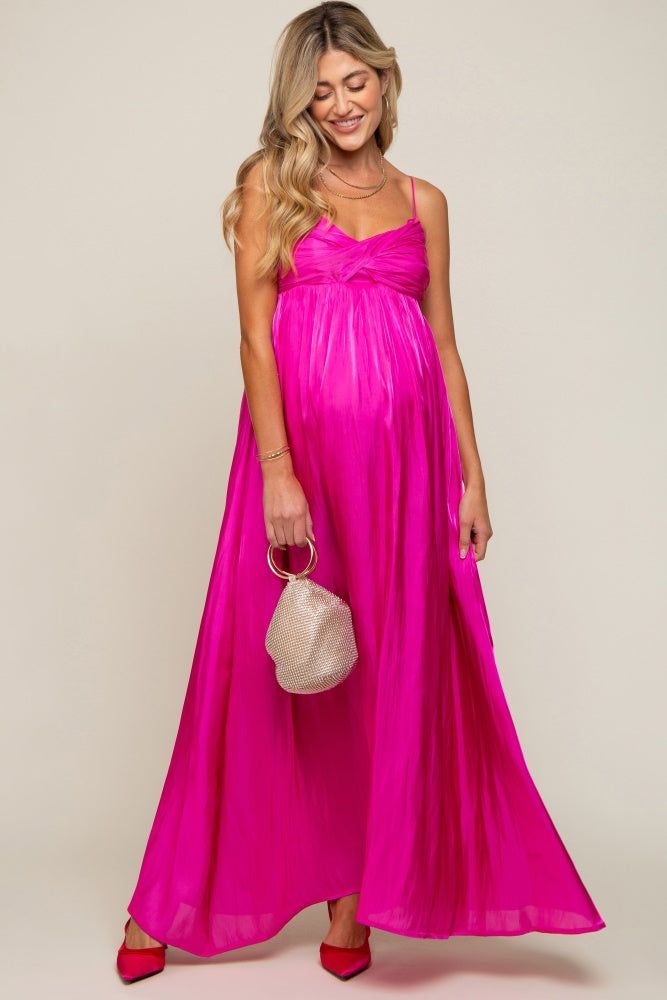Fuchsia Sleeveless Front Twist Satin Maternity Maxi Dress sold by Pinkblush