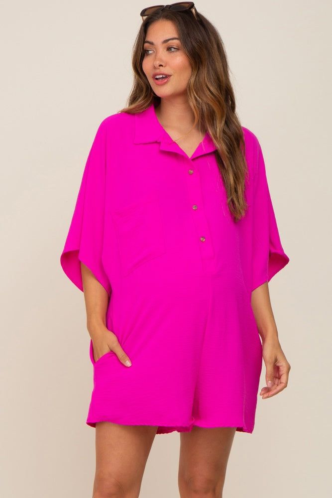 Fuchsia Collared Front Button Maternity Romper sold by Pinkblush