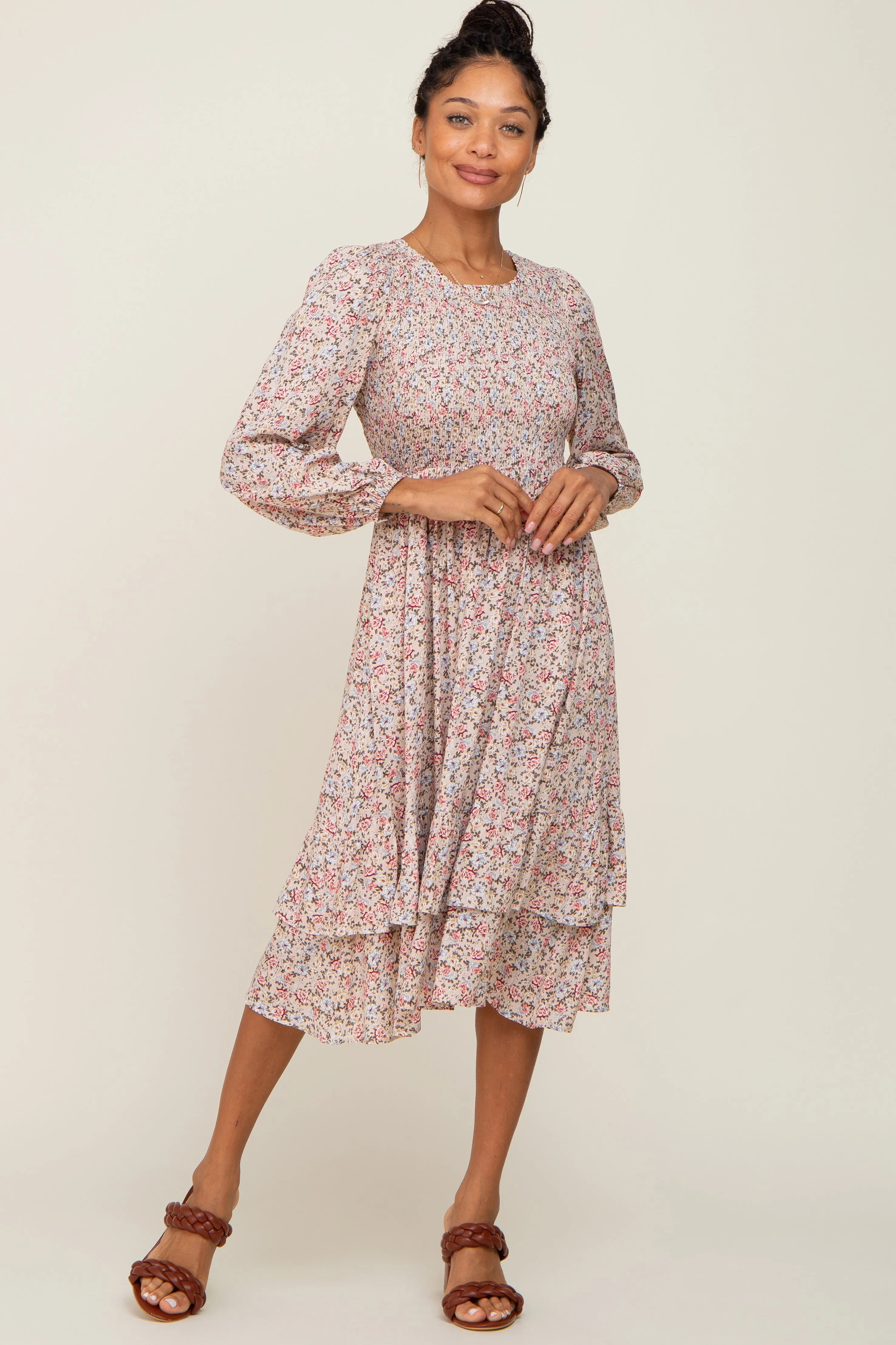 Pink Floral Smocked Long Sleeve Midi Dress sold by Pinkblush product image thumbnail 5