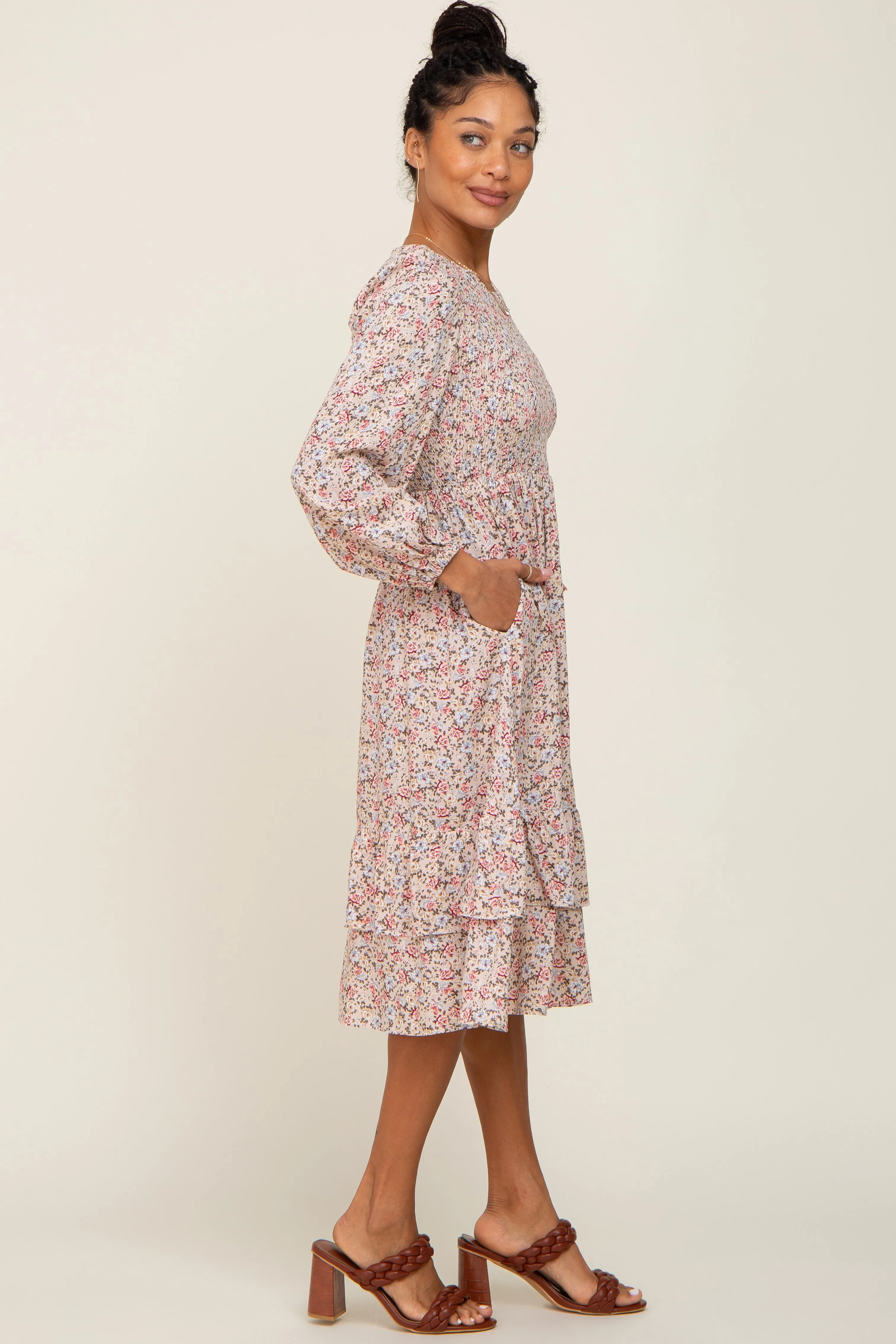 Pink Floral Smocked Long Sleeve Midi Dress sold by Pinkblush product image thumbnail 2