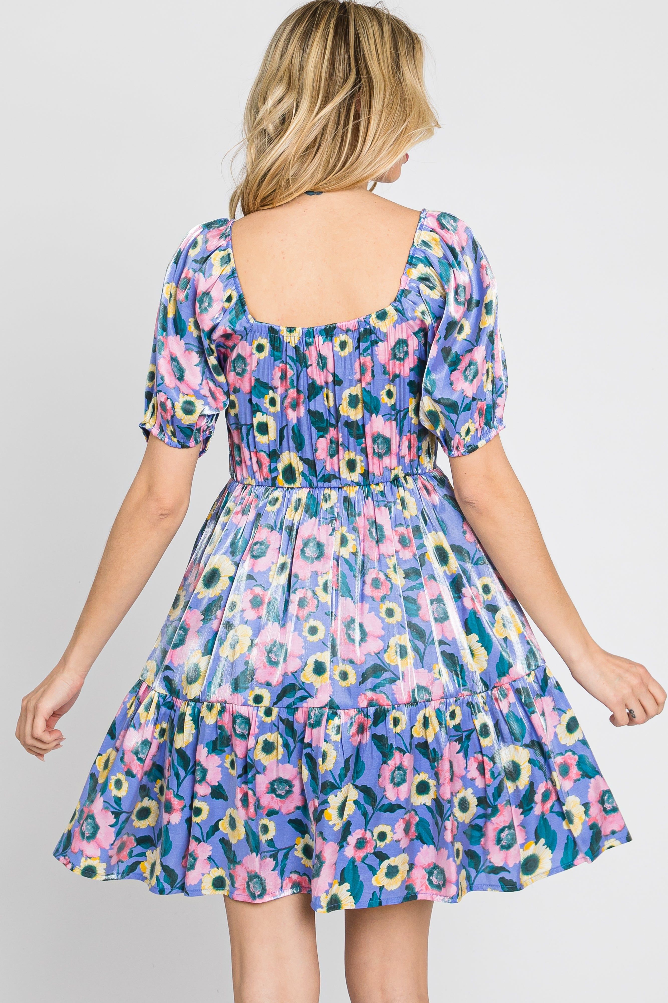 Lavender Floral Shimmer Sweetheart Neck Short Puff Sleeve Dress sold by Pinkblush product image thumbnail 4