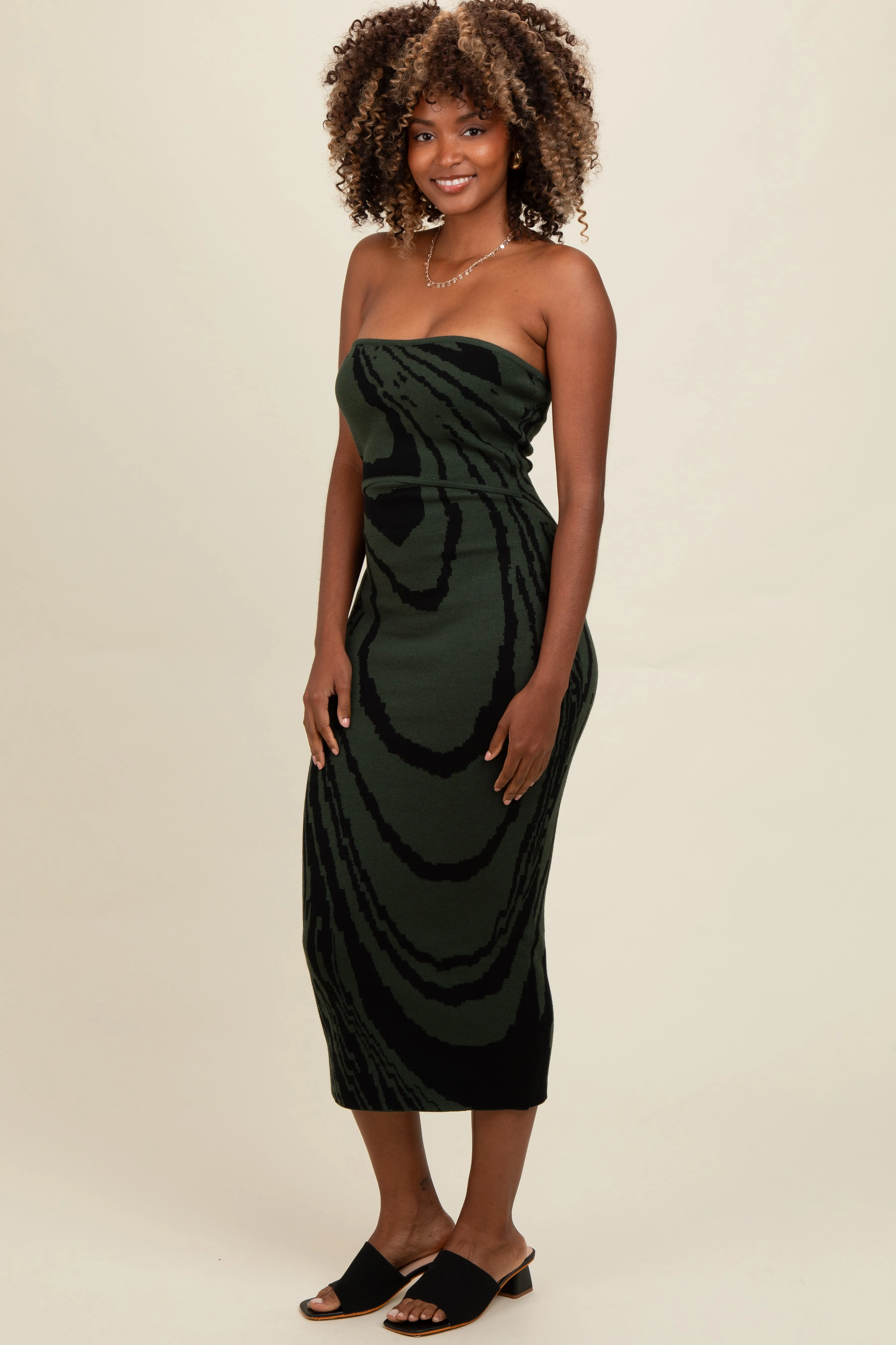 Olive Printed Strapless Cutout Fitted Maxi Dress sold by Pinkblush product image thumbnail 3