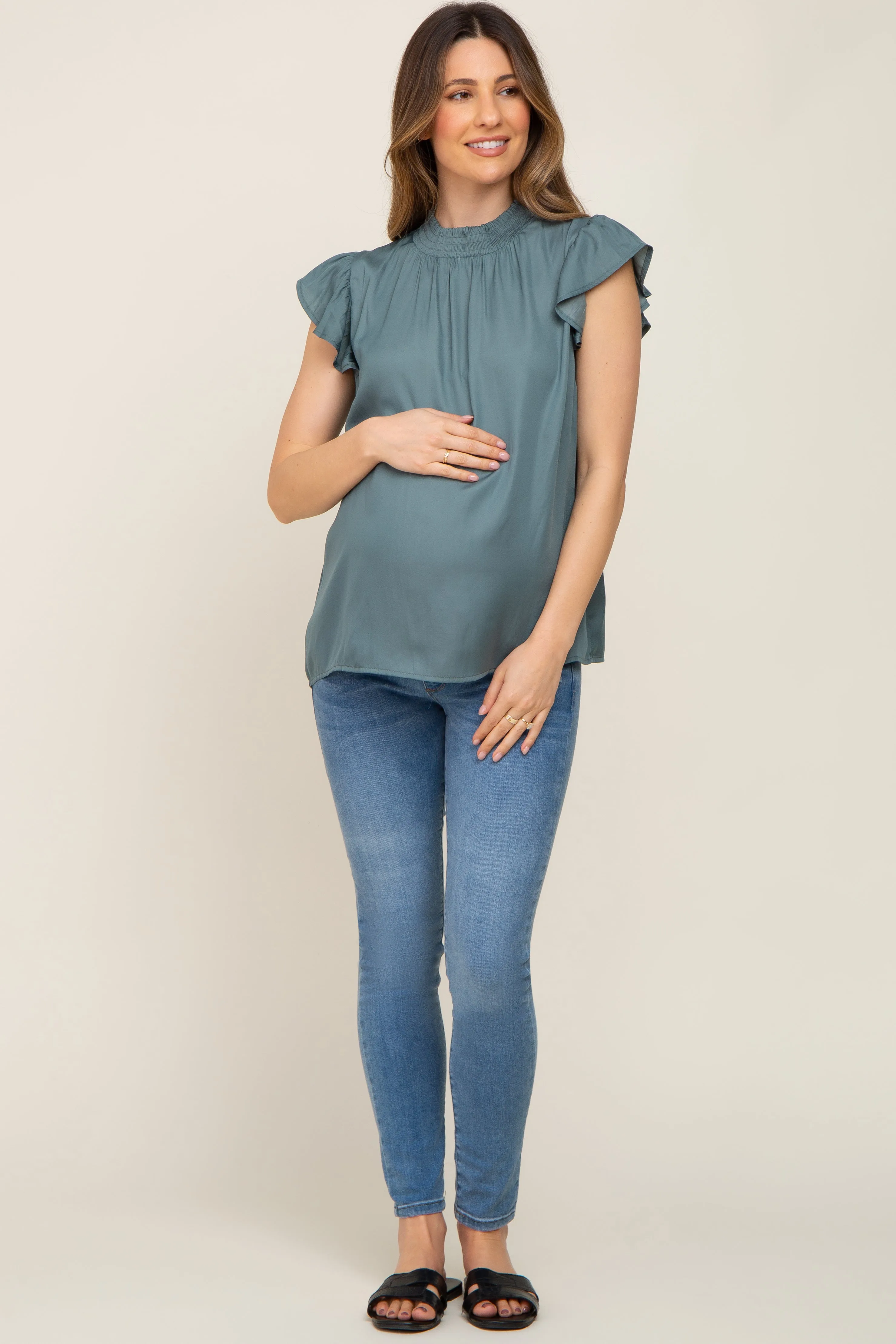Dark Teal Mock Neck Flutter Maternity Blouse sold by Pinkblush product image thumbnail 4