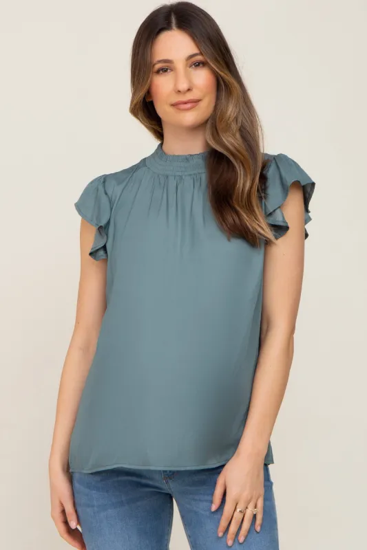 Dark Teal Mock Neck Flutter Maternity Blouse sold by Pinkblush