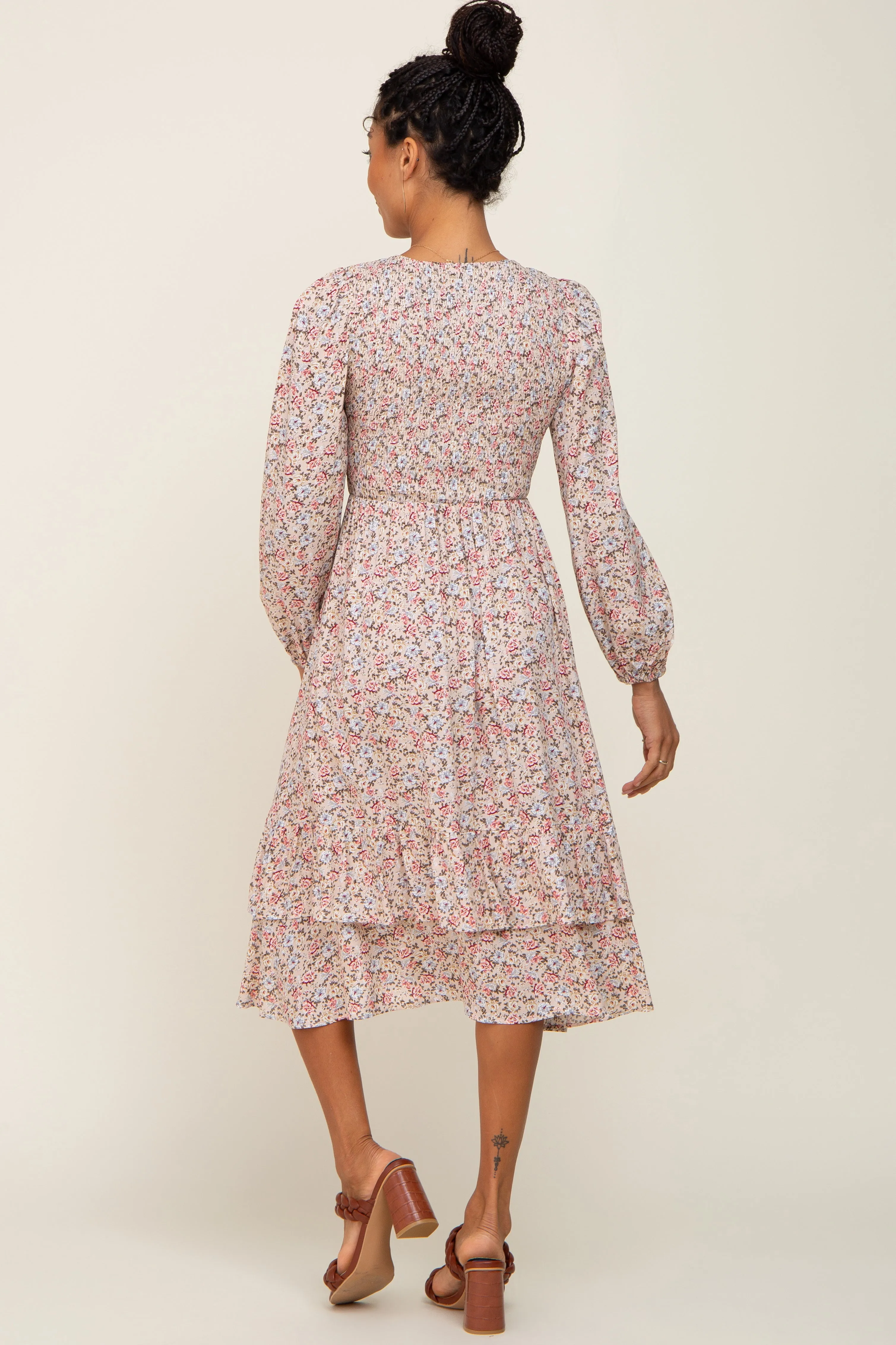 Pink Floral Smocked Long Sleeve Midi Dress sold by Pinkblush product image thumbnail 3