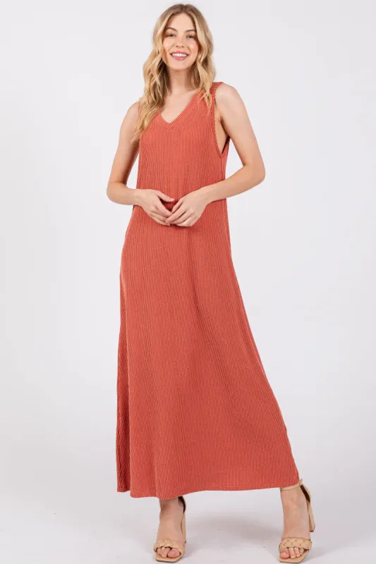 Rust Sleeveless Ribbed Maxi Dress sold by Pinkblush