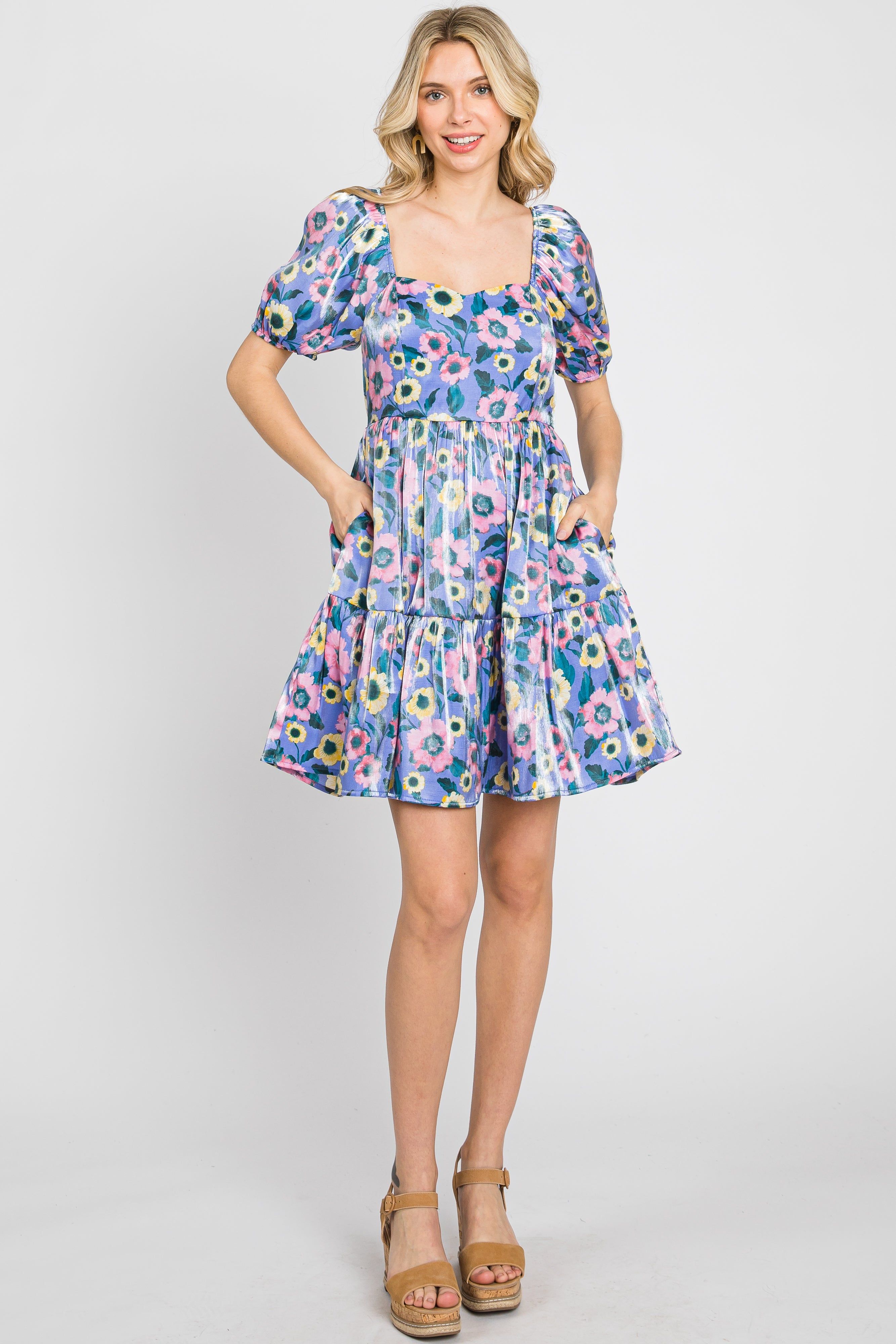 Lavender Floral Shimmer Sweetheart Neck Short Puff Sleeve Dress sold by Pinkblush product image thumbnail 2