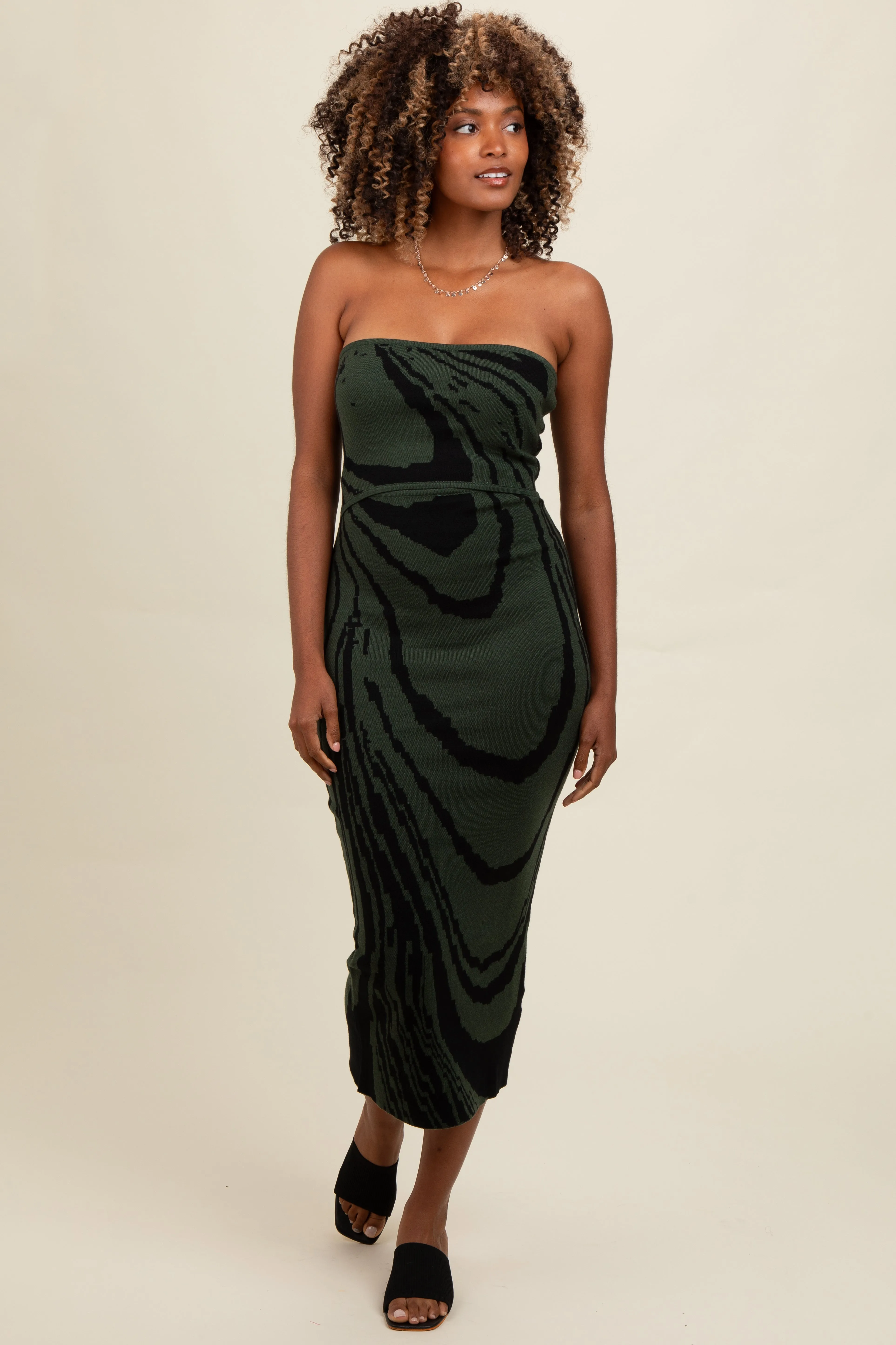 Olive Printed Strapless Cutout Fitted Maxi Dress sold by Pinkblush