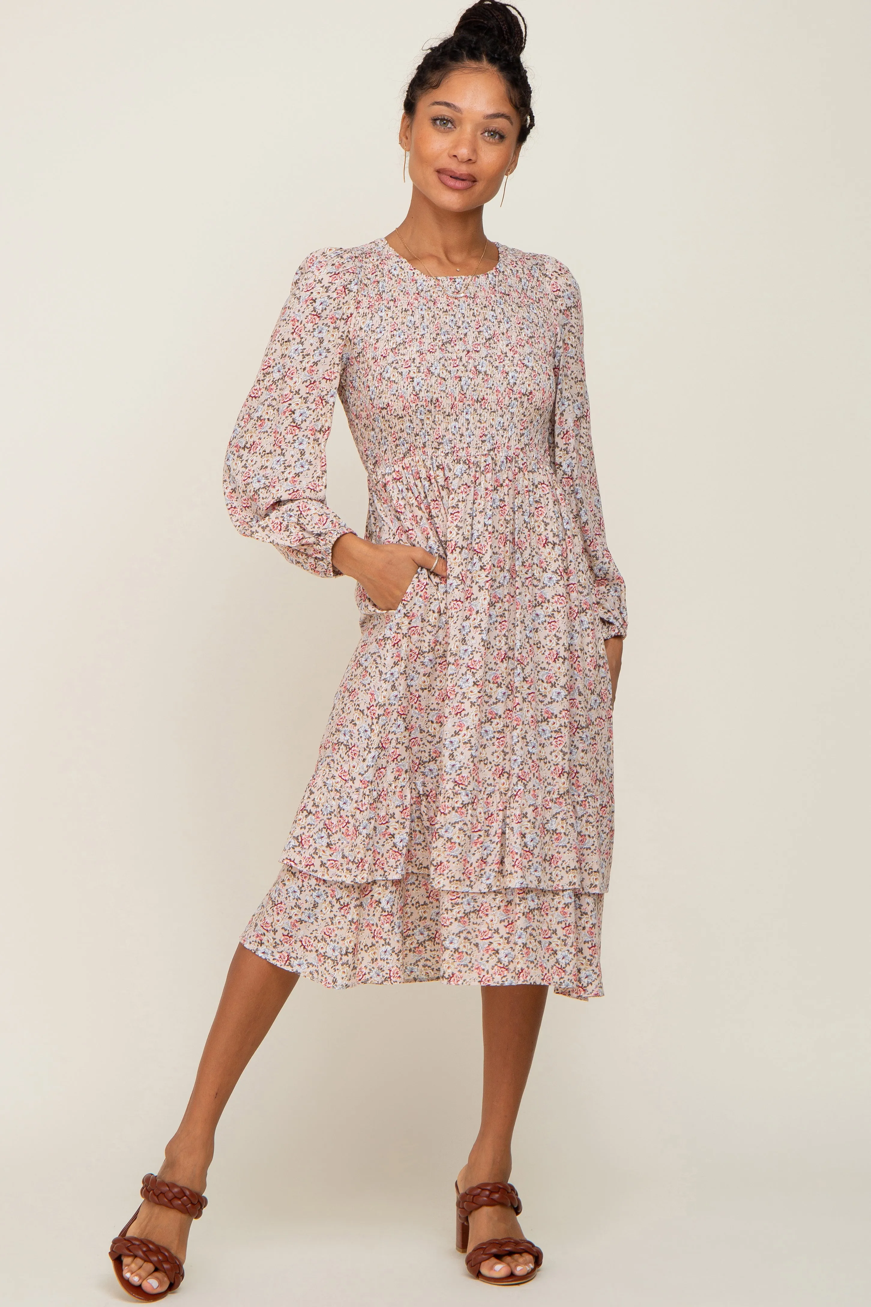 Pink Floral Smocked Long Sleeve Midi Dress sold by Pinkblush