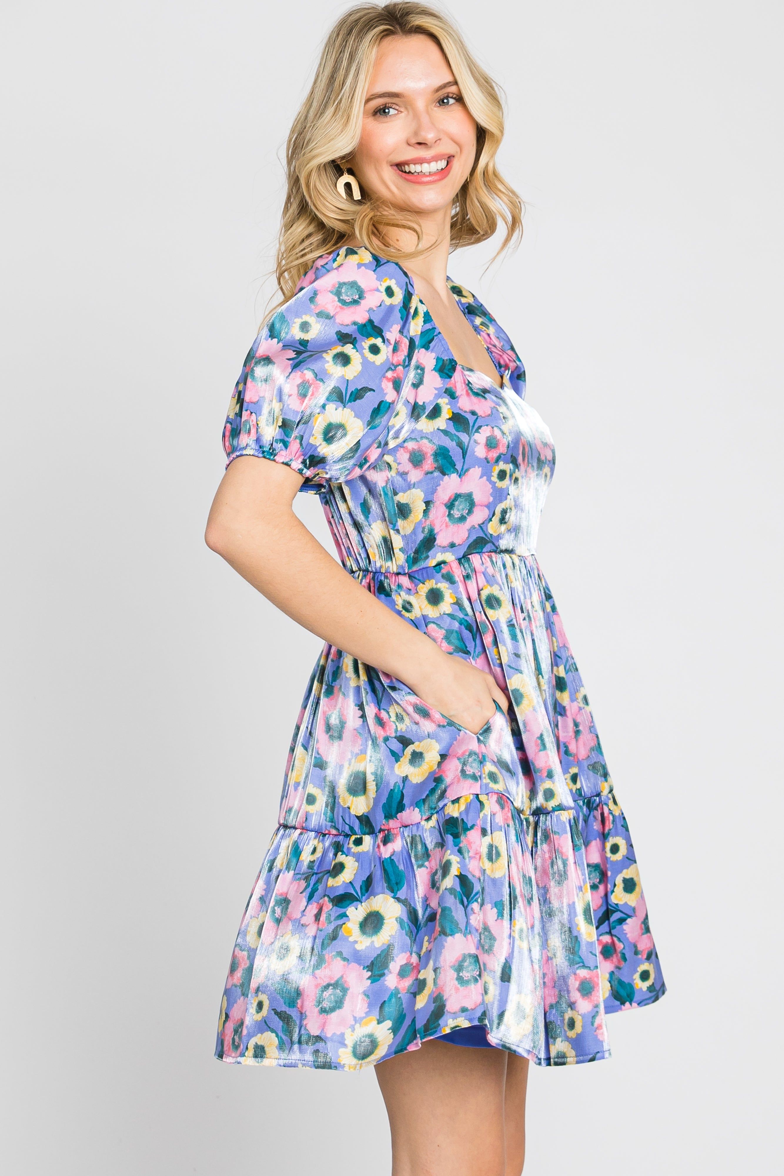 Lavender Floral Shimmer Sweetheart Neck Short Puff Sleeve Dress sold by Pinkblush product image thumbnail 3