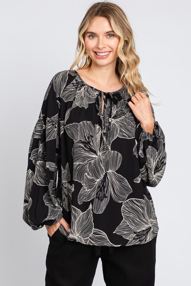 Black Floral V-Neck Long Sleeve Blouse sold by Pinkblush