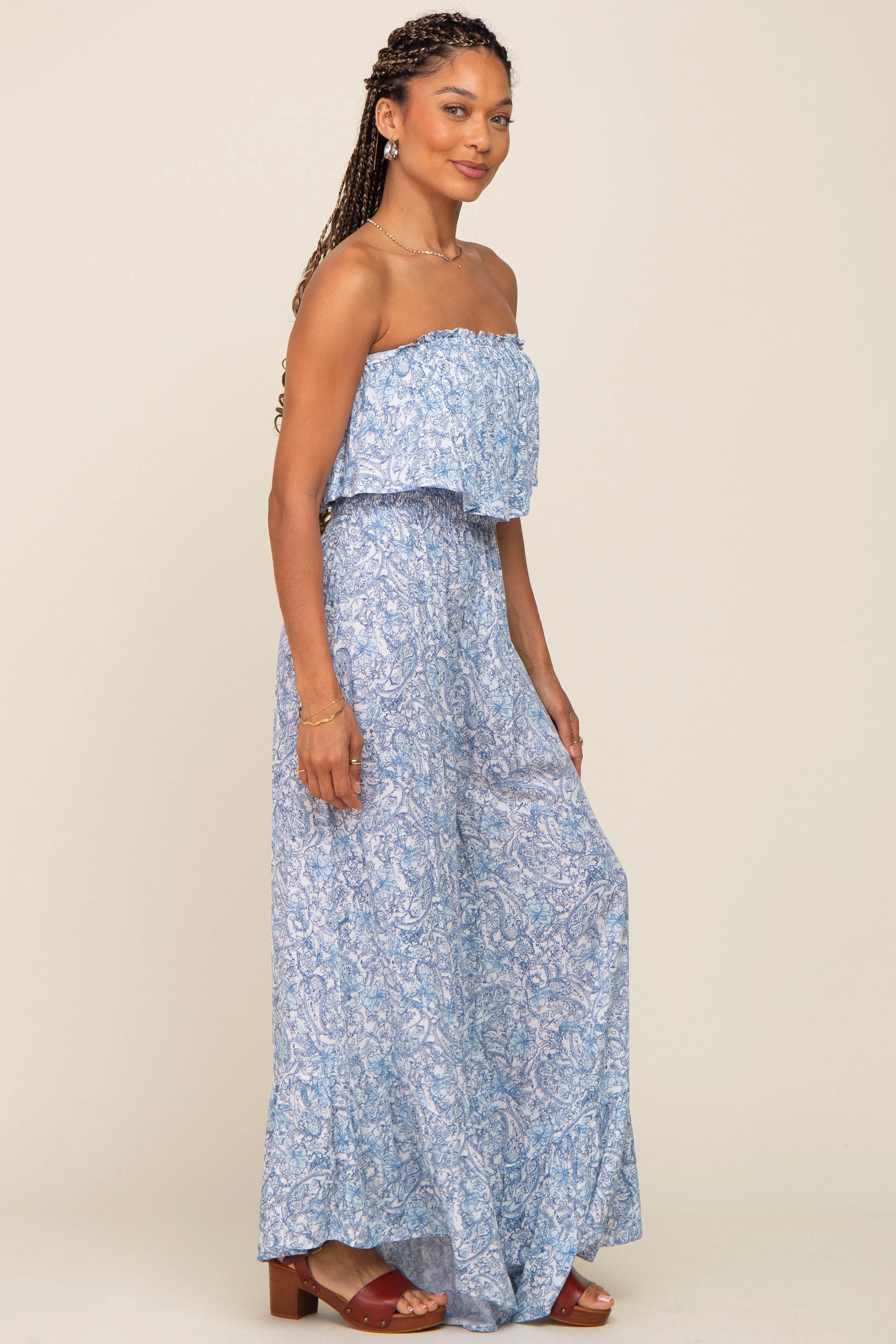 Light Blue Paisley Ruffle Strapless Jumpsuit sold by Pinkblush product image thumbnail 2